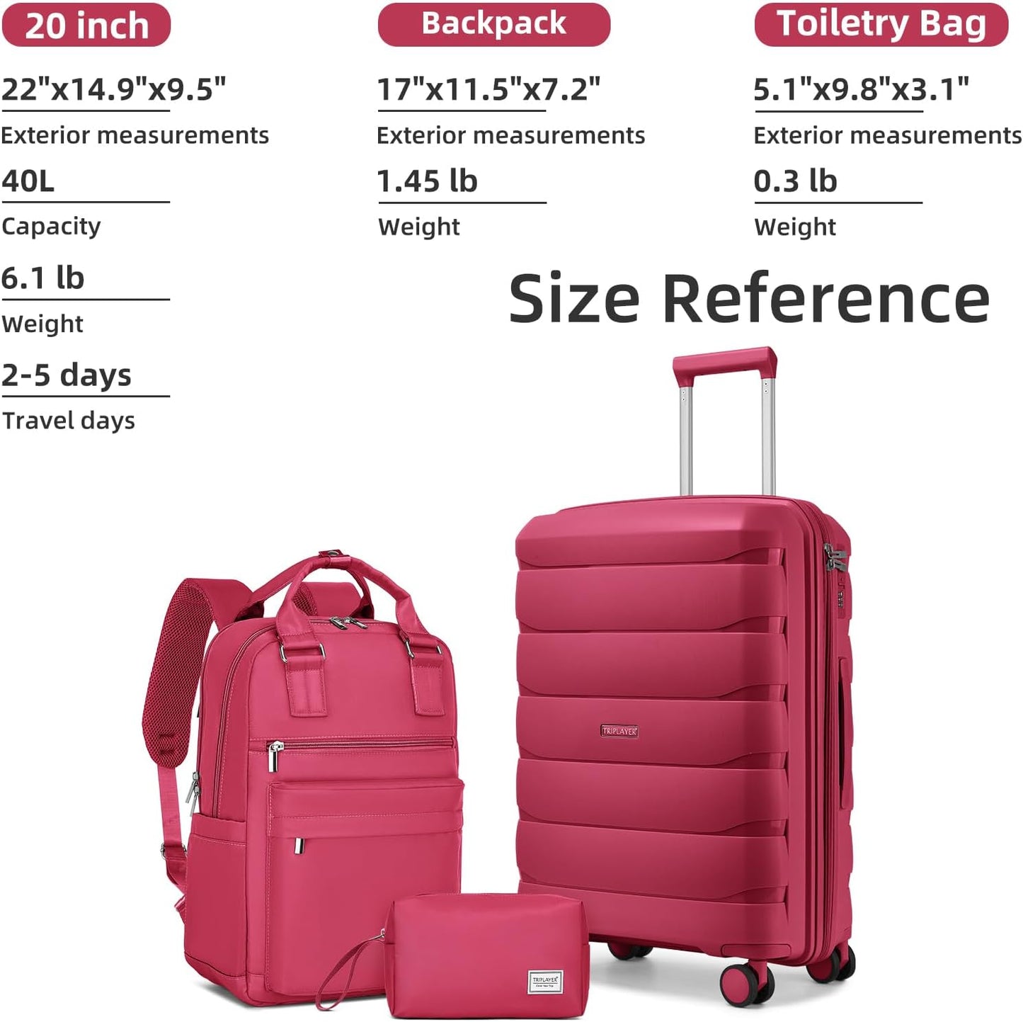 Carry On Luggage 22x14x9 Airline Approved, 22 Inch PP Hardshell Luggage Carry-on Suitcase with Spinner Wheels, Carry On Suitcase Set for Women(Rose Red)