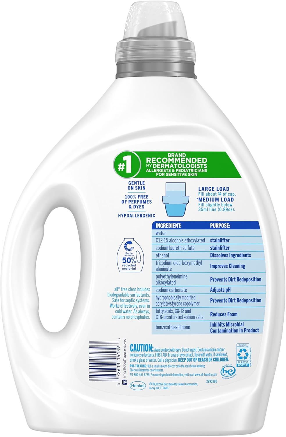 all Liquid Laundry Detergent, Free Clear for Sensitive Skin with OXI, Unscented and Hypoallergenic, 2X Concentrated, 90 Loads