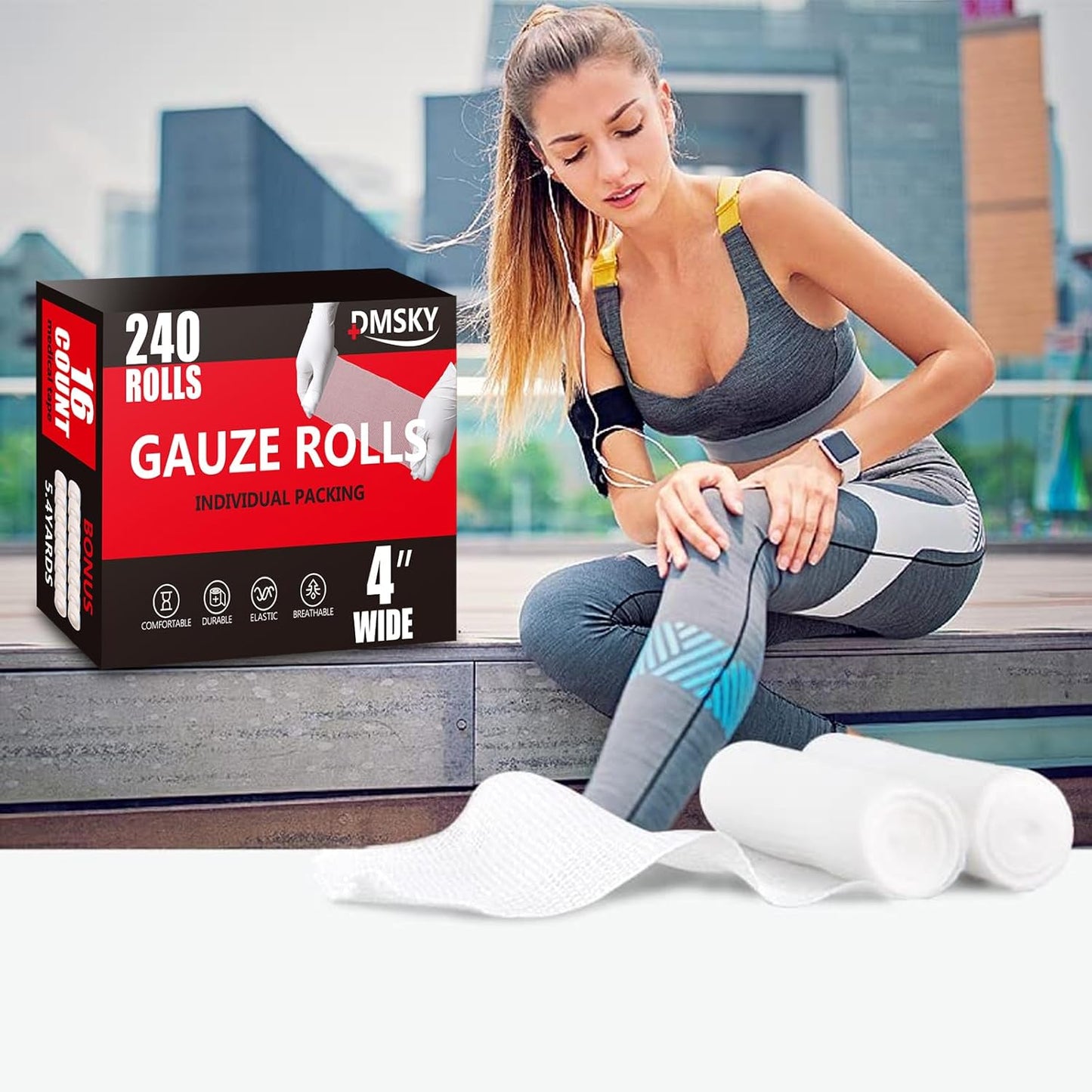 DMSKY 240 Pack Gauze Rolls, 4 in x 4.1 Yards, Individually Wrapped Breathable Rolled Gauze, Premium Bandage Wrap Rolled Gauzes, Mummy Wraps