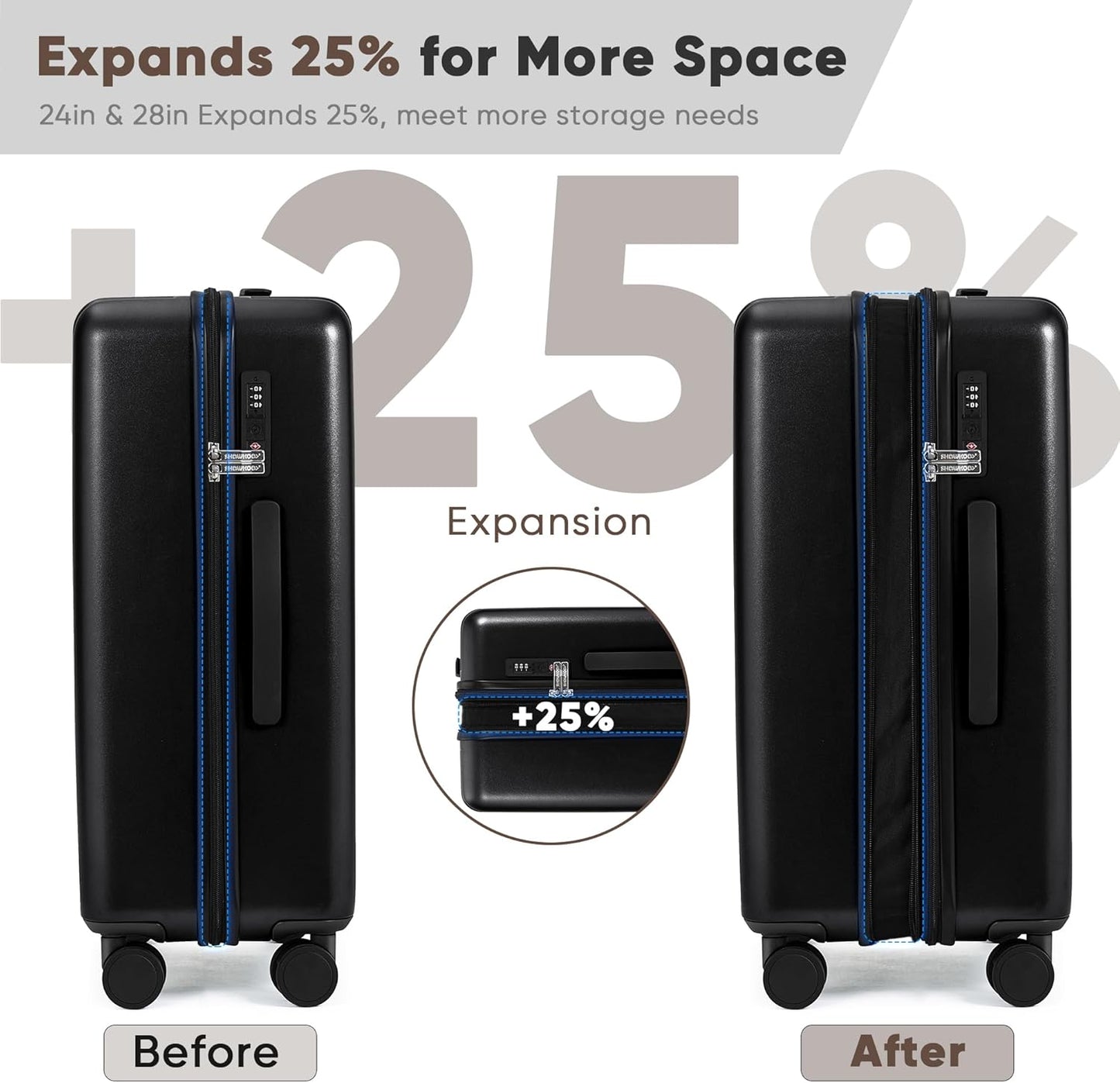 SHOWKOO Luggage Sets 3 Piece 100% PC Ultra Tough Hardside Expandable Suitcases Sets with TSA Lock Double Spinner Wheels (20in/24in/28in, Black