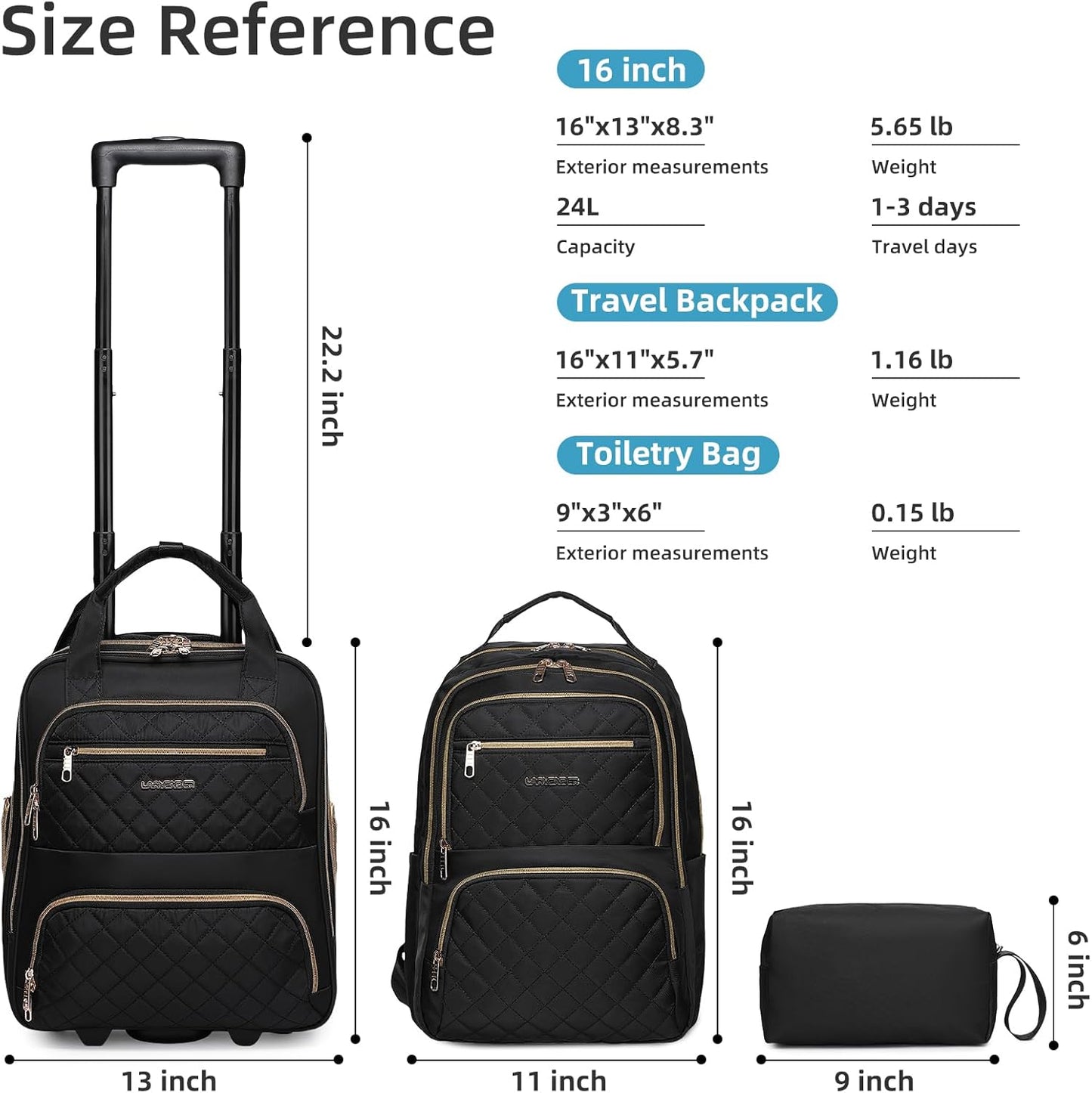 LARVENDER Underseat Carry On Luggage with Wheels Softside 16-inch Underseater Luggage Lightweight Overnight Suitcase for Men Women, Black, 3 Piece (16/BP/TB)