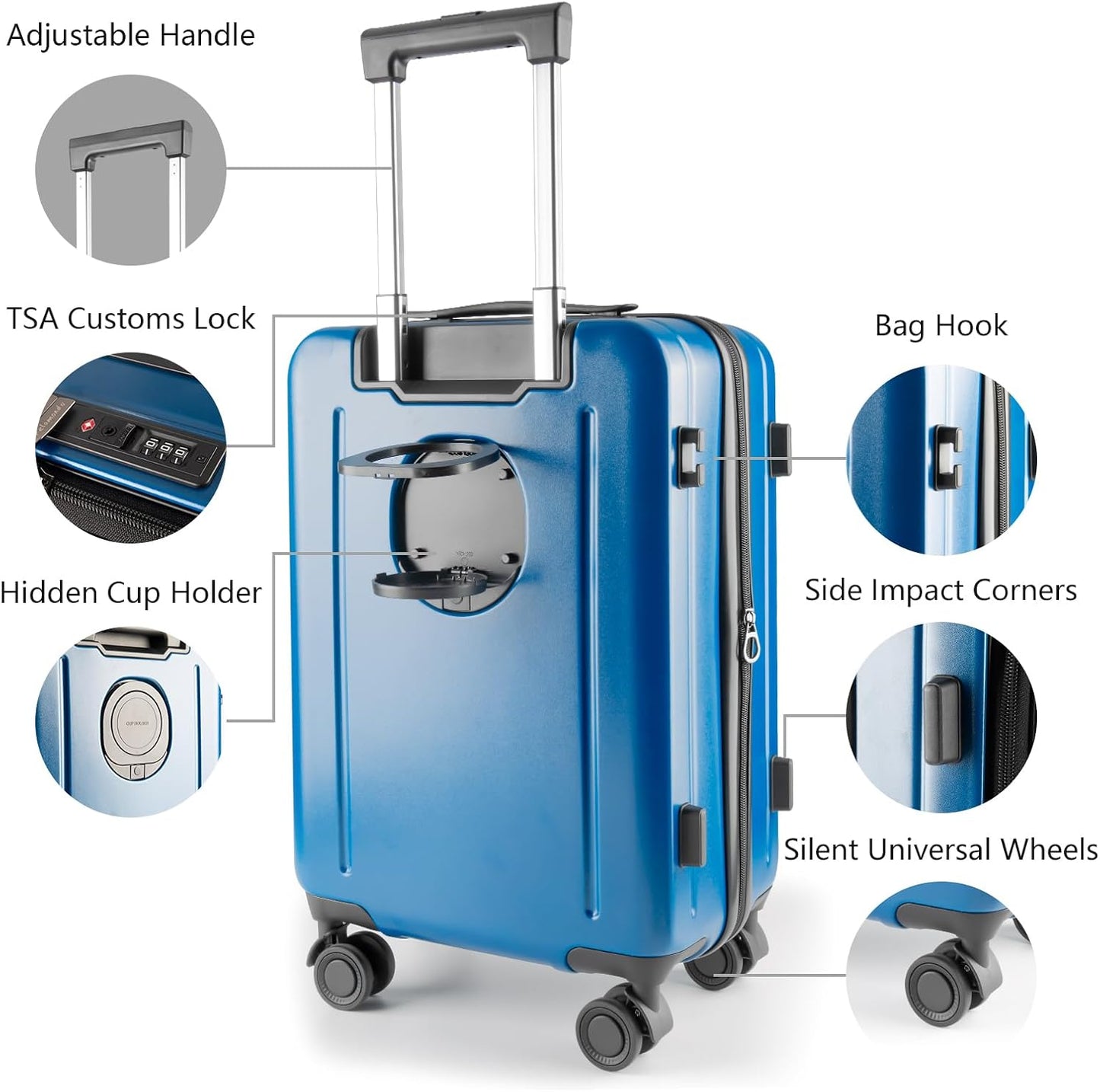 19-Inch Hardshell Carry-On Luggage with Front Compartment, 360° Spinner Wheels, TSA Lock, Cup Holder & Bag Hook - Airline Approved Business Travel Suitcase (Blue)