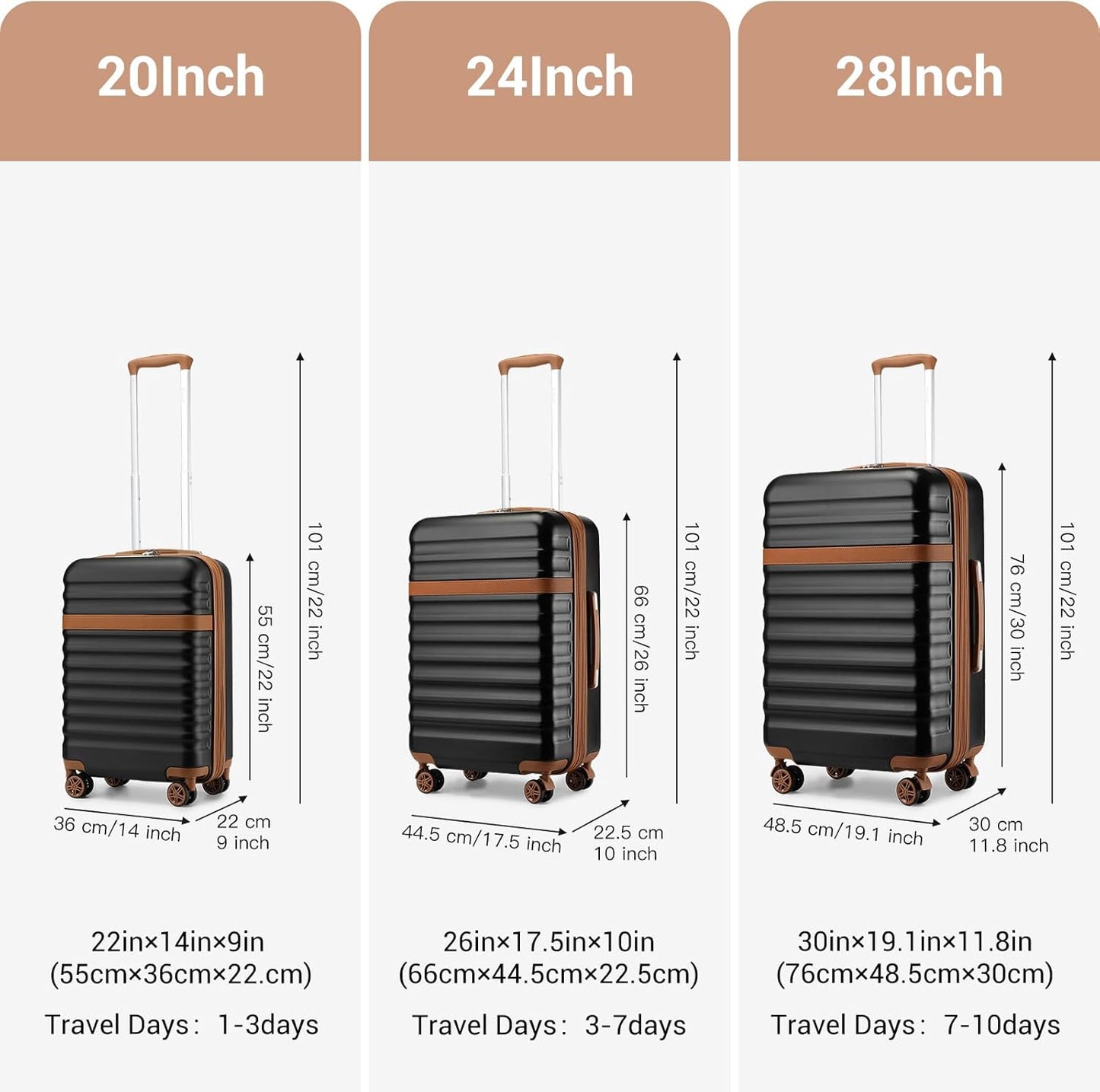 Kono Luggage Set 3 Pieces Expandable PC ABS Durable Suitcase Hardside with Double Spinner Wheels Tsa Lock Black Brown(20in/24in/28in)