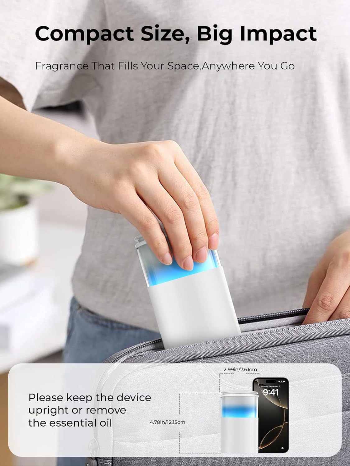 Waterless Diffuser for Essential Oil: Mini Battery Scent Diffuser for Room&Home&Car with 9 Colors LED Light - Aroma Cool Mist Snow White