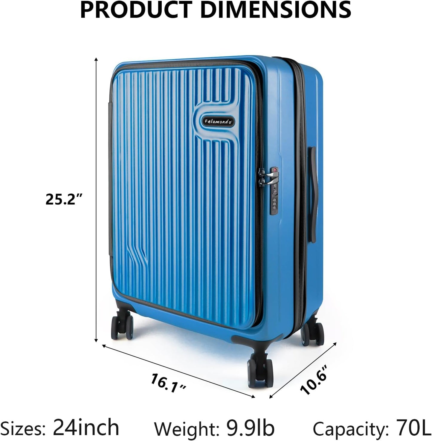 24-inch Top Opening Luggage with 360° Silent Wheels, TSA Lock, Collapsible Cup Holder & Bag Hook - Lightweight Hardshell Suitcase for Business Travel & Vacation(Blue)