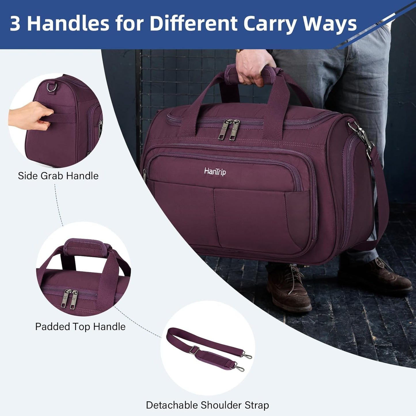 Carry on Duffel Bag Foldable Duffle Bags for Travel, Under Seat Personal Item Bags for Airplanes, Weekender Overnight Mens Travel Tote Bag for Women Small Softside Carry on Luggage (Purple)