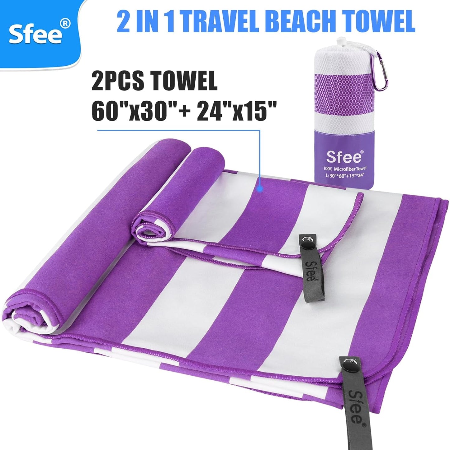 Sfee 2 in 1 Microfiber Beach Towel, Quick Dry Towel Camping Travel Towel Super Absorbent Compact Lightweight Sports Towel Gym Towels Set for Beach, Gym, Hiking, Pool, Backpacking, Bath, Yoga