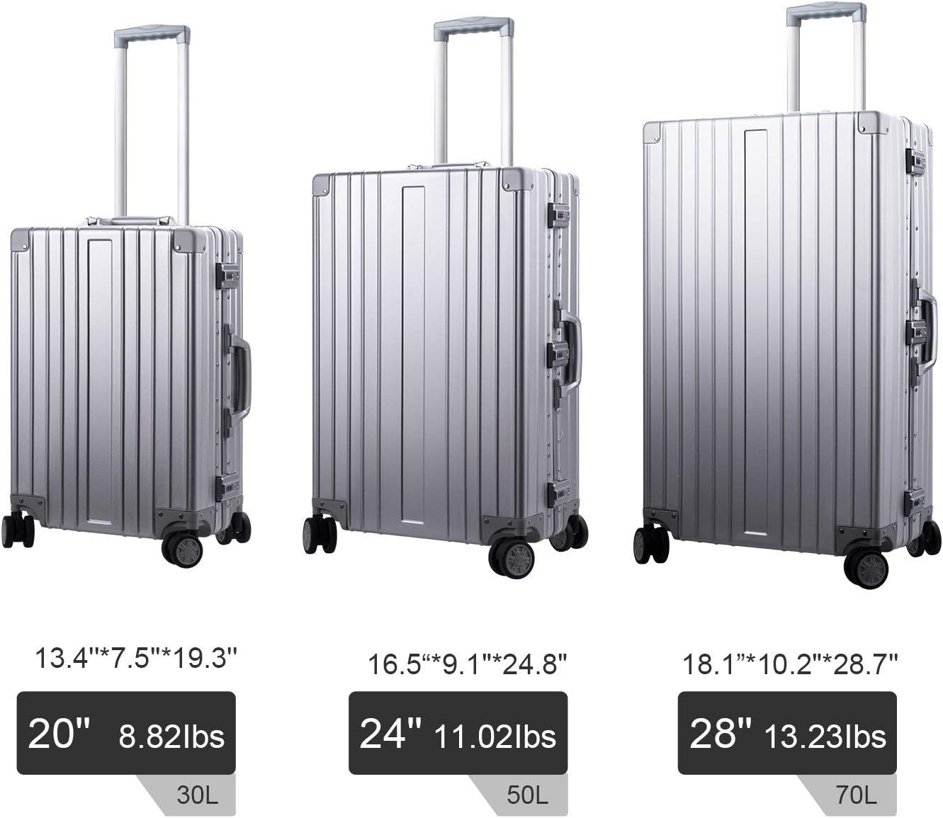 TRAVELKING All Aluminum Luggage Zipperless Hard Shell Luggage Case with TSA Lock Spinner Alloy Metal Suitcase (Silver, 28")