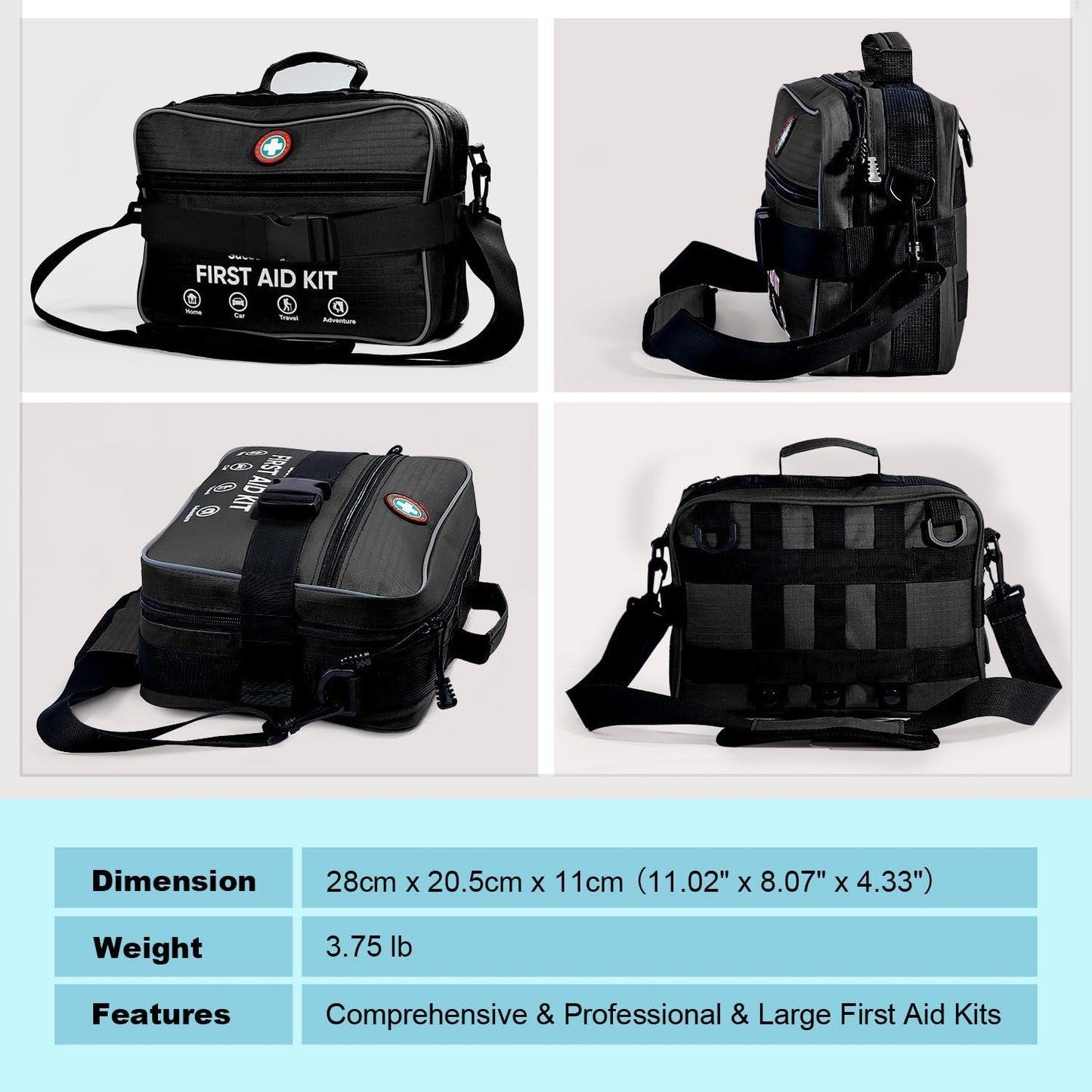 Professional 435 Pieces Large First Aid Kit - Includes Compressed Gauze - Compartments Emergency Medical Kit for Home, Camping, Backpacking, Travel, Boat, Car,Outdoors (Black)