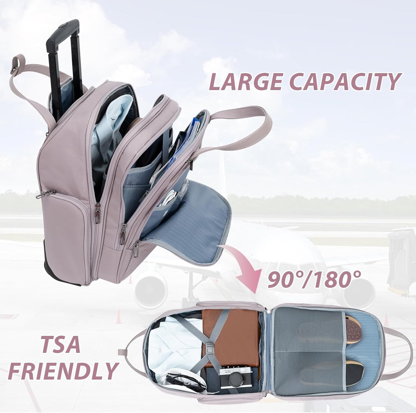 VANKEAN Carry On Underseat 16-inch Multi-functional Underseater Lightweight Overnight Suitcase with Wheels, Roller Case for Women Travel Business, Light Dusty Pink