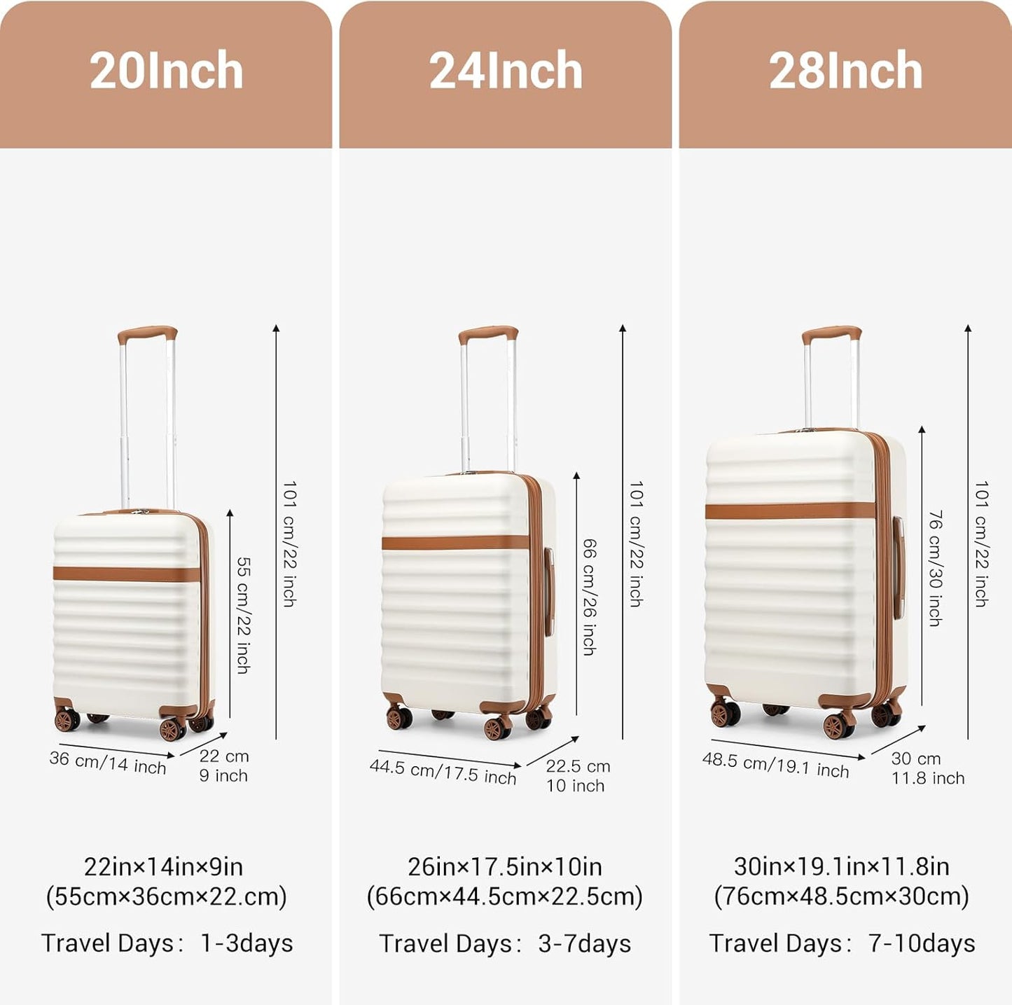 Kono Luggage Set 3 Pieces Expandable ABS Durable Suitcase Hardside with Double Spinner Wheels Tsa Lock Cream White(20in/24in/28in)