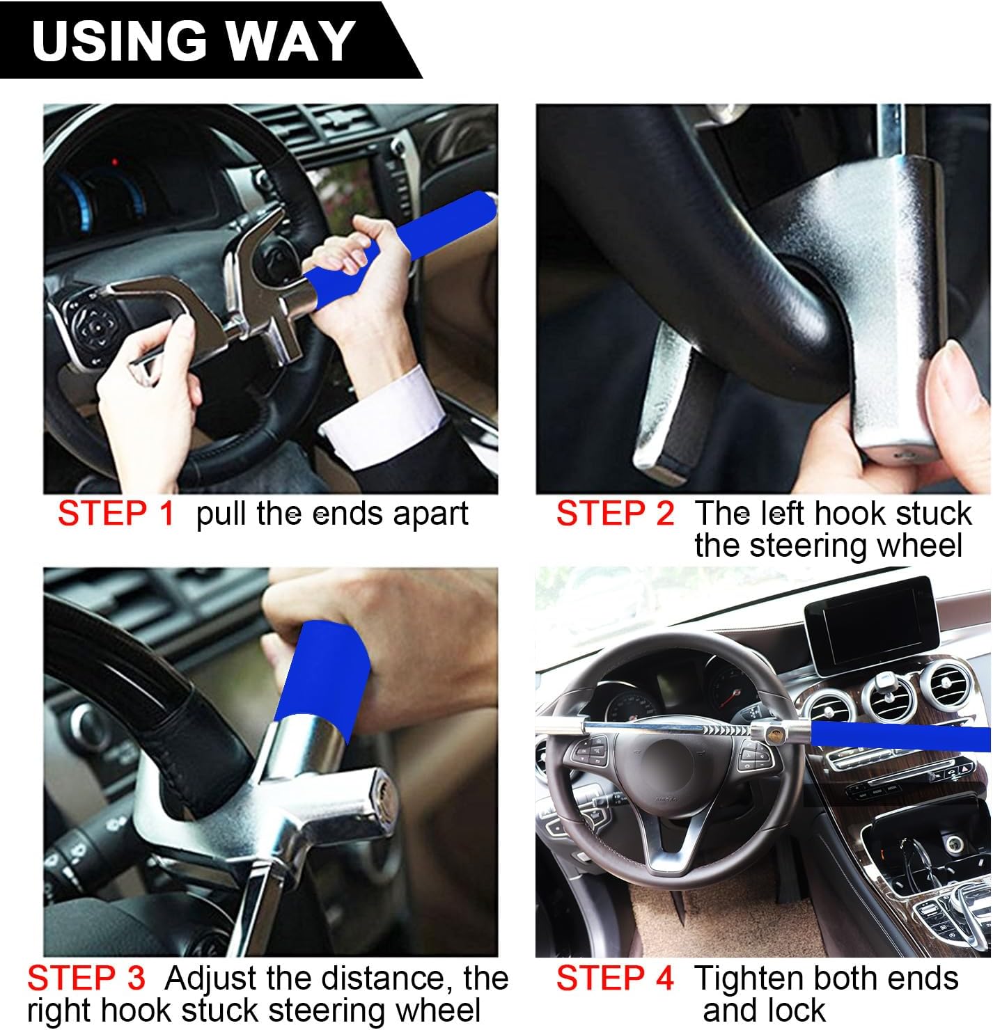 Tevlaphee Steering Wheel Lock Anti-Theft Car Device, Blue, Key Lock, Protects Against Prying, Sawing, Hammering, and Freon Attacks