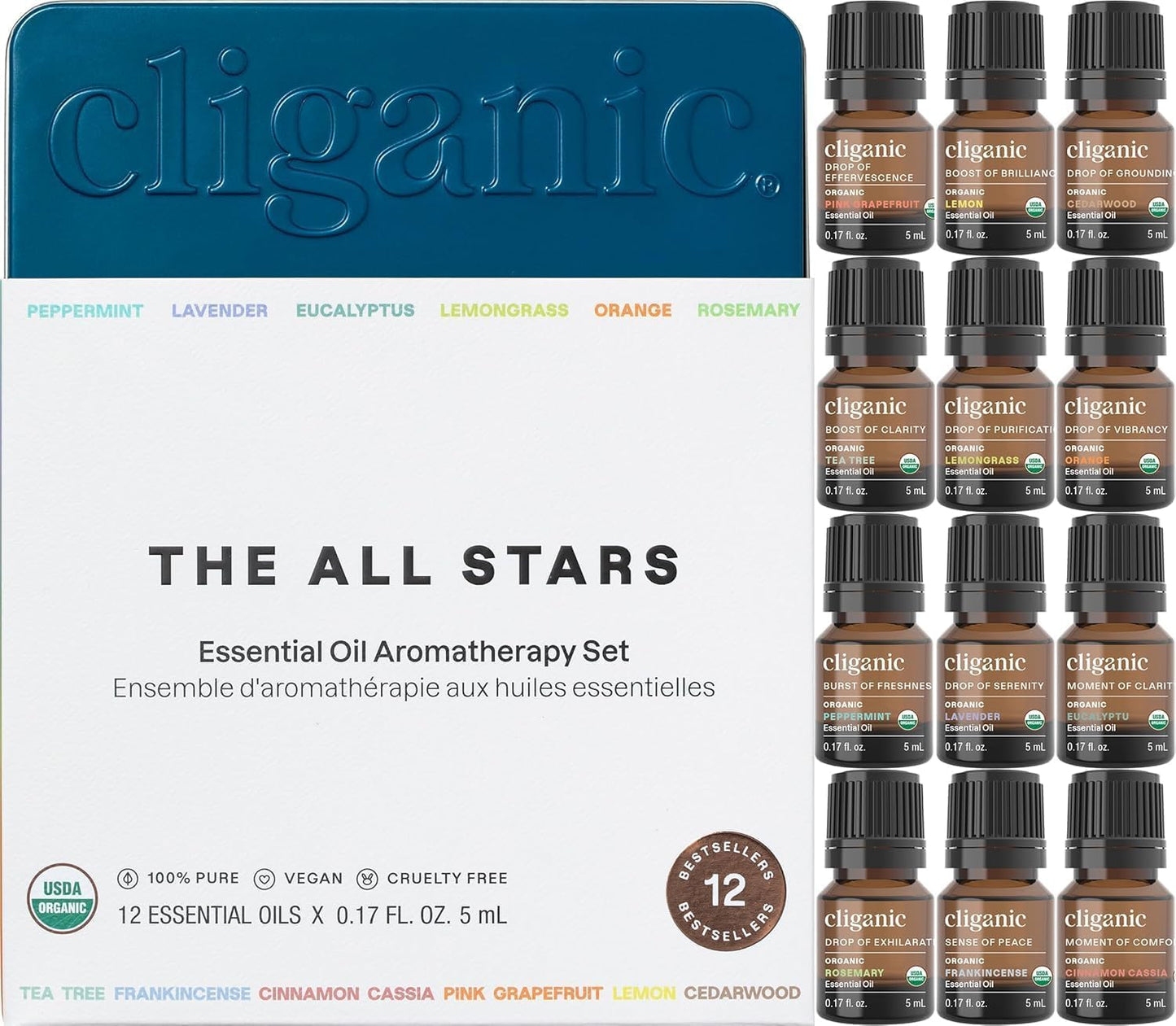Cliganic Organic Essential Oils Set (Top 12, Pack of 2) - 100% Pure - Peppermint, Lavender, Eucalyptus, Tea Tree, Lemongrass, Rosemary, Frankincense, Orange, Lemon, Cassia, Cedarwood & Grapefruit