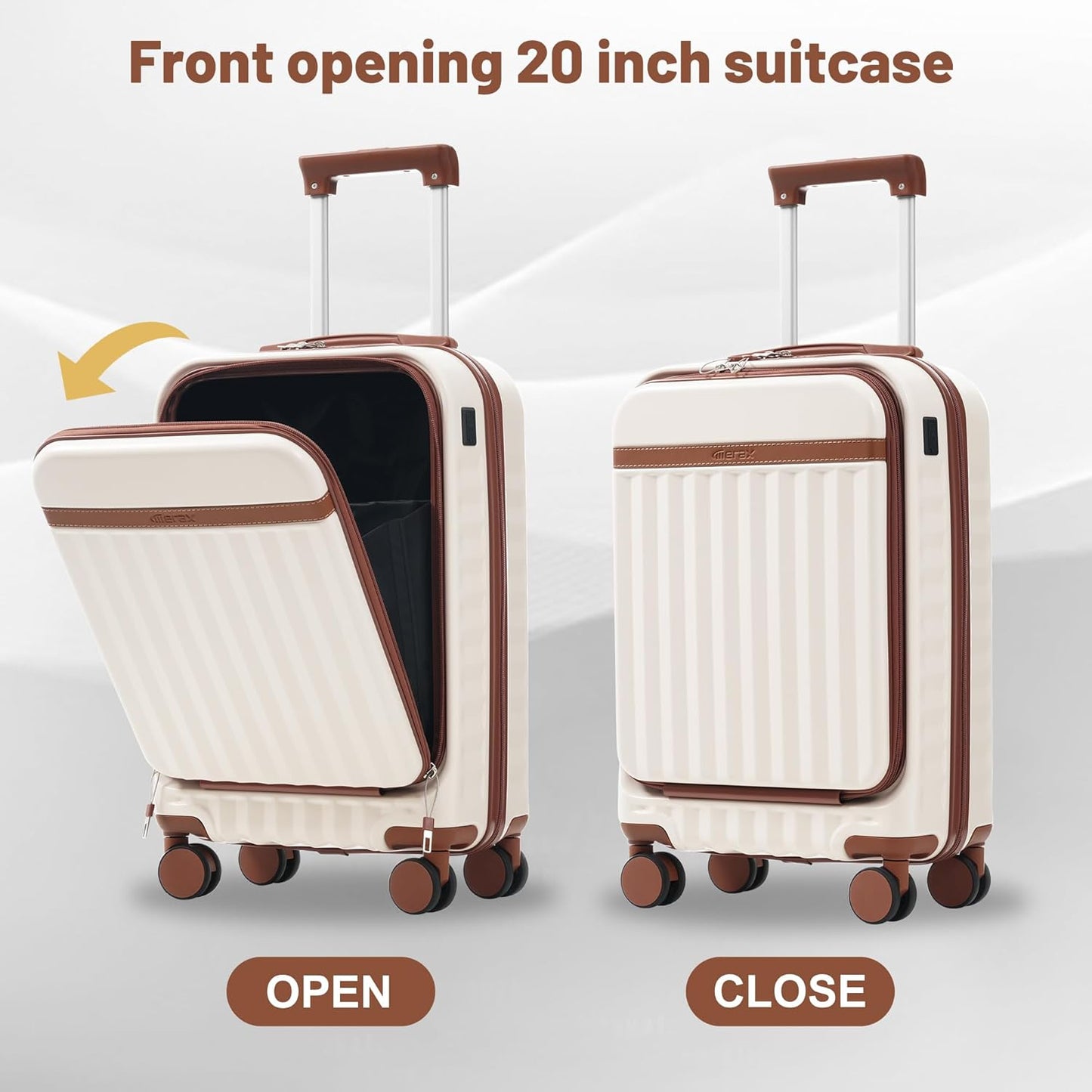 Merax Luggage Sets Front Opening, 2 Piece Hardshell Suitcase with Spinner Wheels and Bags,Lightweight Carry on Luggage with USB Port,20+24,White and Brown