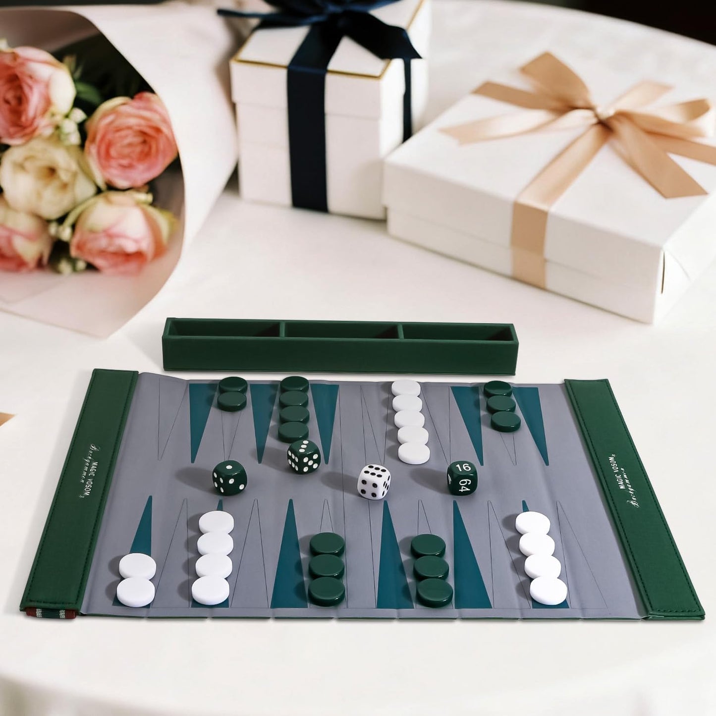 Backgammon Set for Adults | Travel-Friendly & Foldable with Wrinkle-Resistant Game Board | Compact for On-The-Go Play | Ideal Gift for Family & Friends-Green
