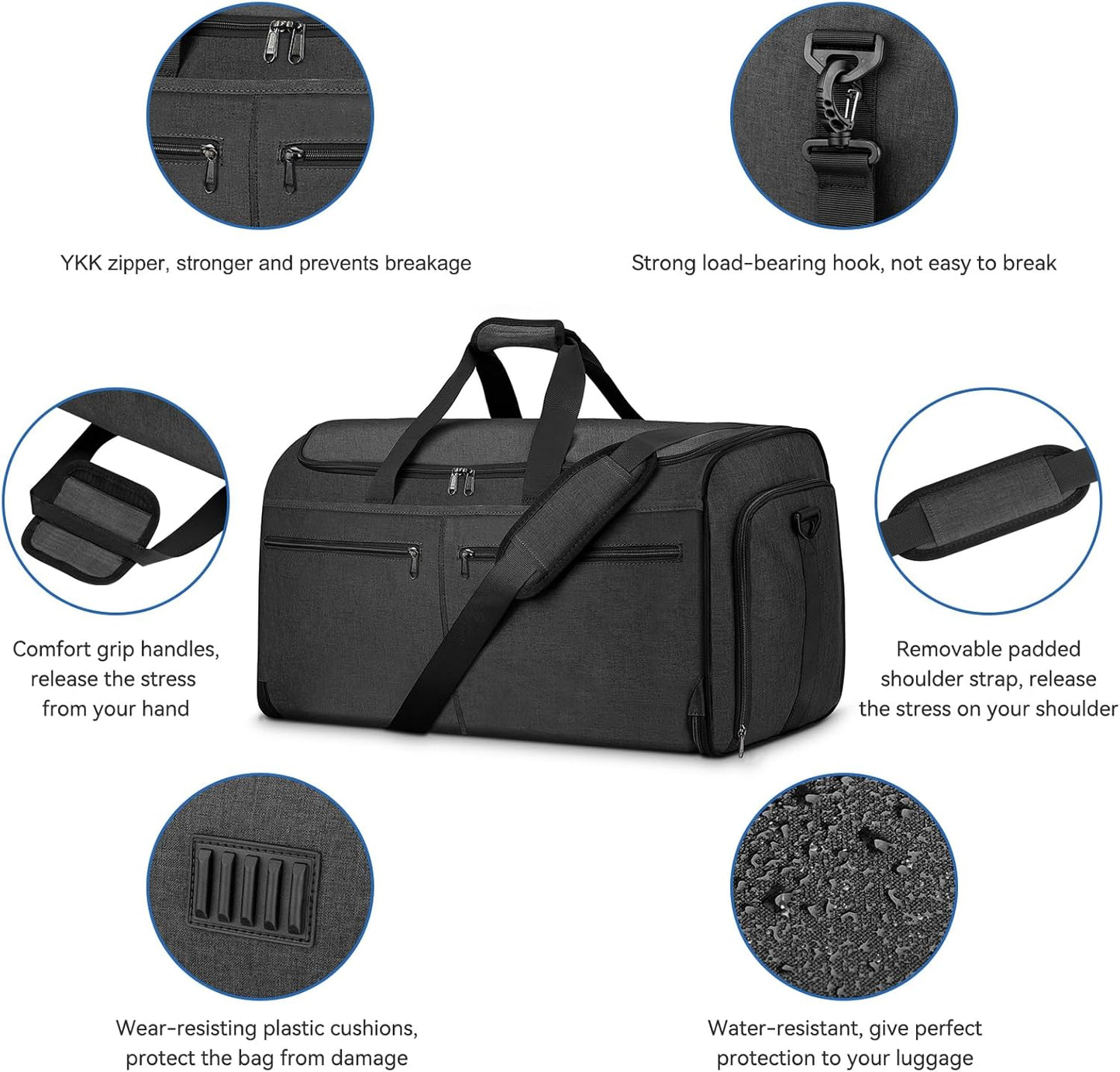 Garment Duffle Bags for Travel, Bukere Convertible Carry on Garment Duffel Bag for Men Women, Shoe Compartment, 2 in 1 Hanging Dress Suitcase Suit Travel Bags, Midnight Grey