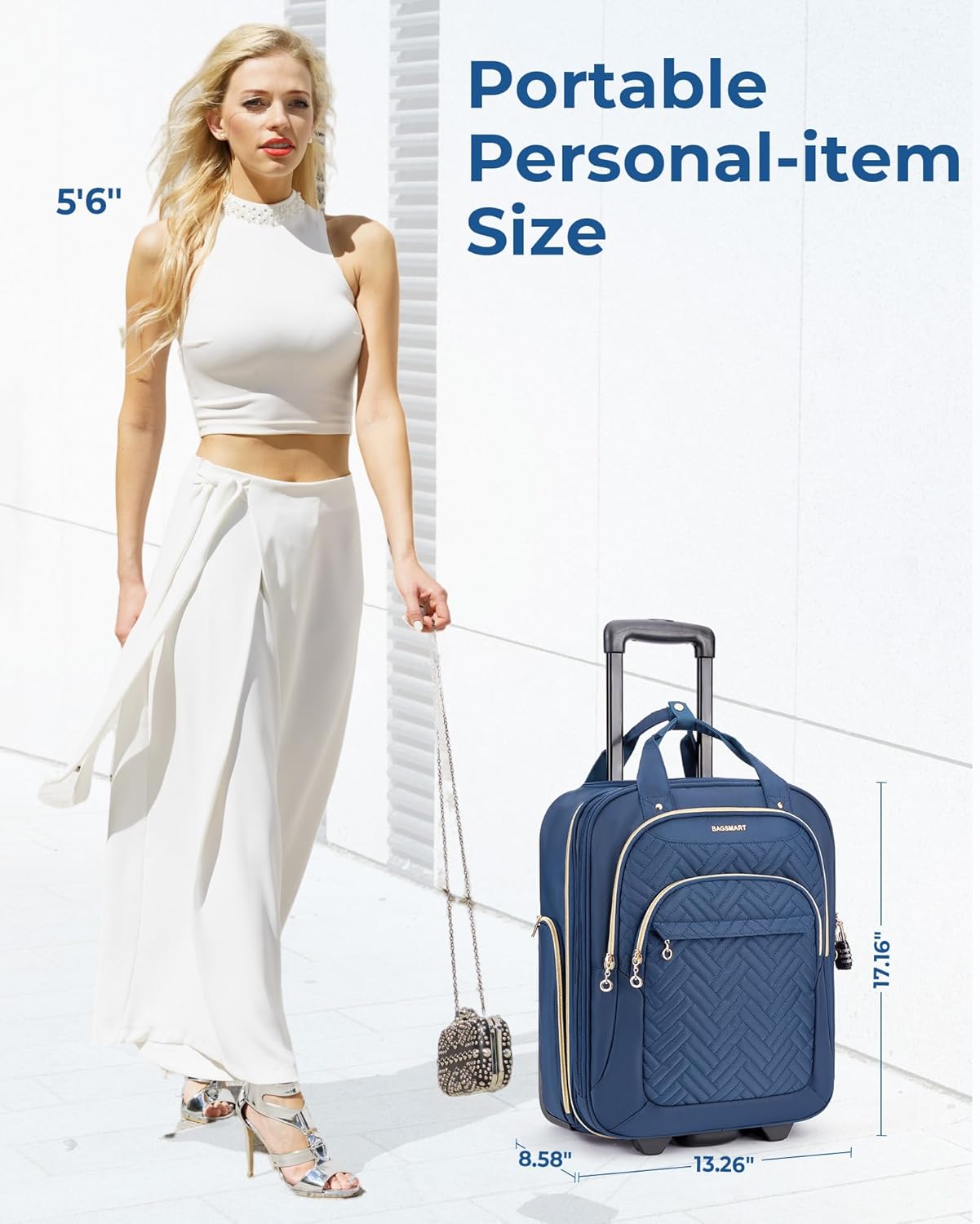 BAGSMART Underseat Carry On Luggage Airline approved,16-inch Small Underseater Softside Travel Suitcase with Wheels Lightweight Overnight Rolling Carry-on Luggage for Women Men Weekender,Dark Blue