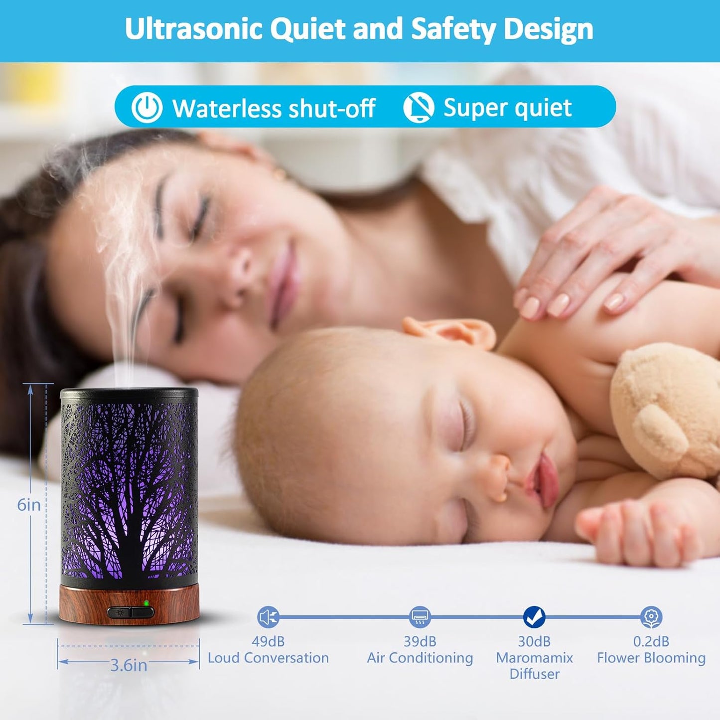 Oil Diffuser & Essential Oils Set - Oil Diffuser 150ml with 6 Essential Oils Set, Aromatherapy Cool Mist Oil Diffusers for Essential Oils, Waterless Auto Shut-Off,7 Colors Night Light,Gifts for Mom