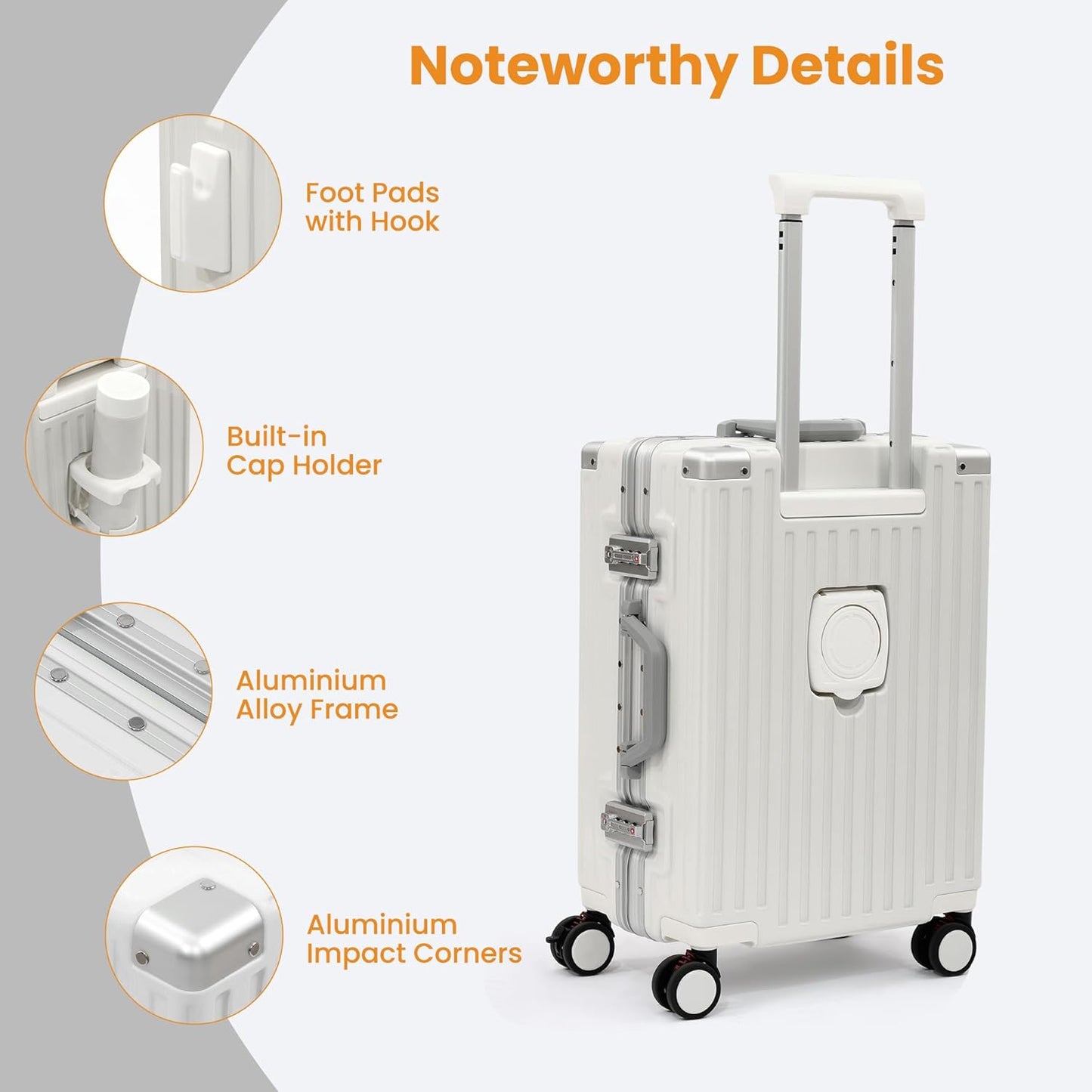 Carry On Luggage 22x14x9 Airline Approved, Zipperless Luggage Carry On, Hard Shell Suitcases with TSA Lock, Lightweight Carry On Suitcases with Aluminum Frame (white, 20inch)