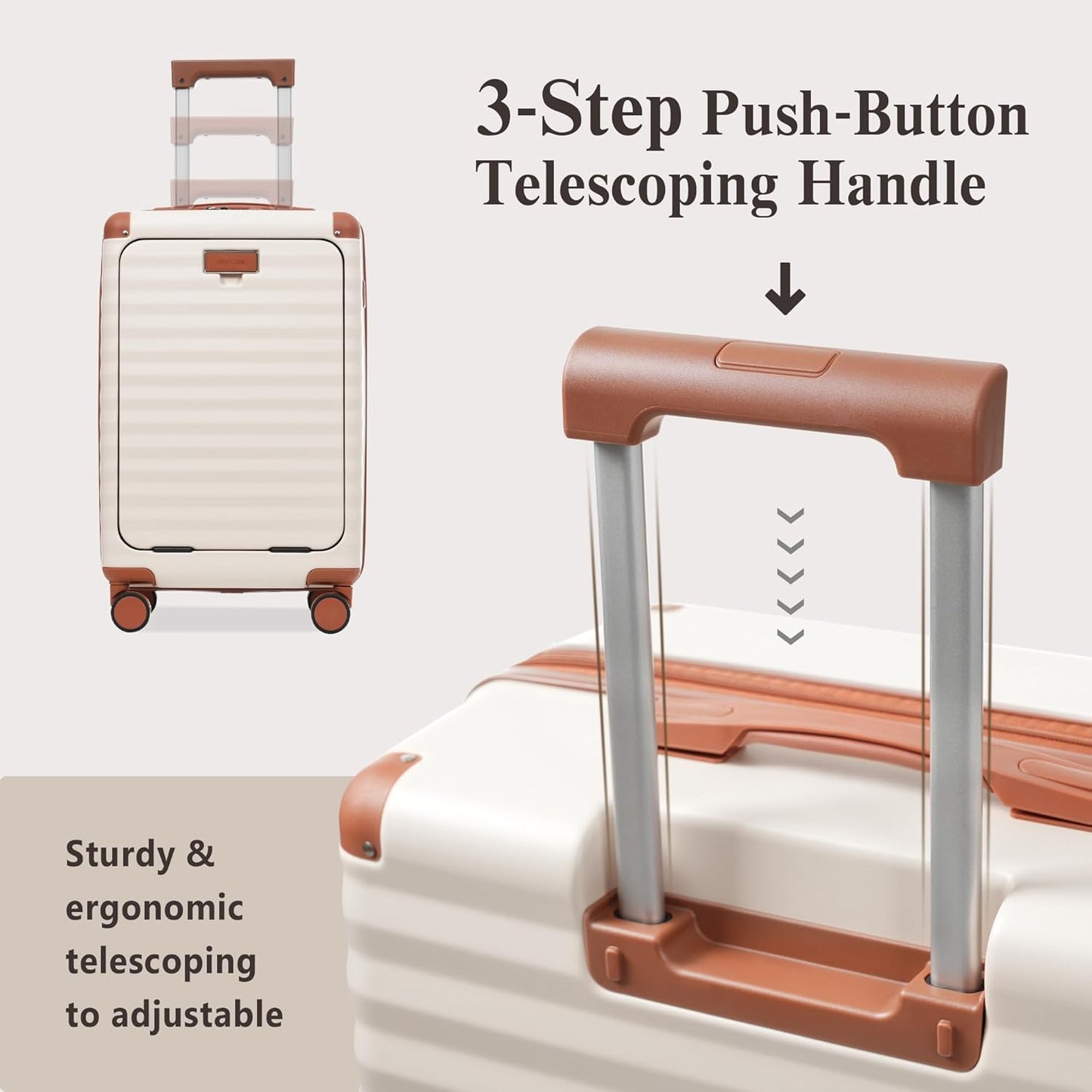 Merax Luggage Sets 3 Piece Front Opening, Hardside Lightweight Carry on Suitcase with Cup Holder USB Port,Durable Expandable Luggage with Bags Spinner Wheels and TSA Lock,White and Brown