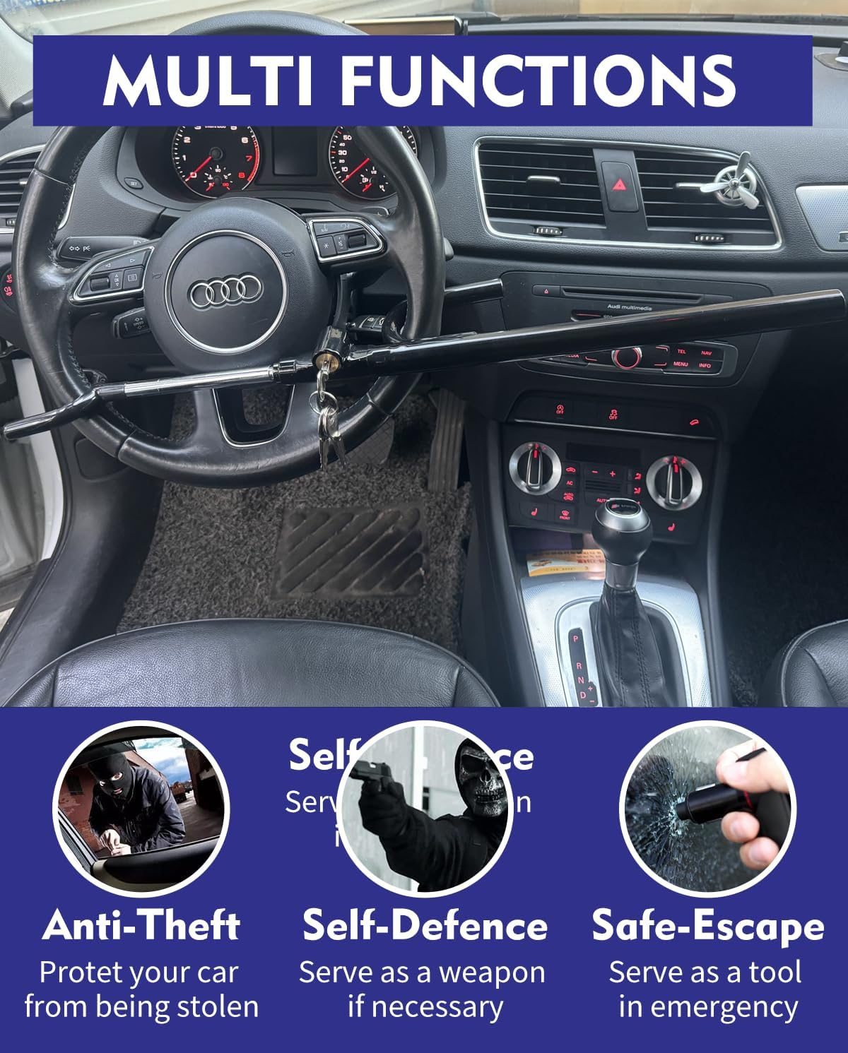 Steering Wheel Lock Anti-Theft car Device Car Wheel Locks Heavy Duty Vehicle Security Steering Wheel Lock for Truck Car Vehicles Van Lorry SUV with 4 Keys, Elongated Length MAX 30.5“ Black