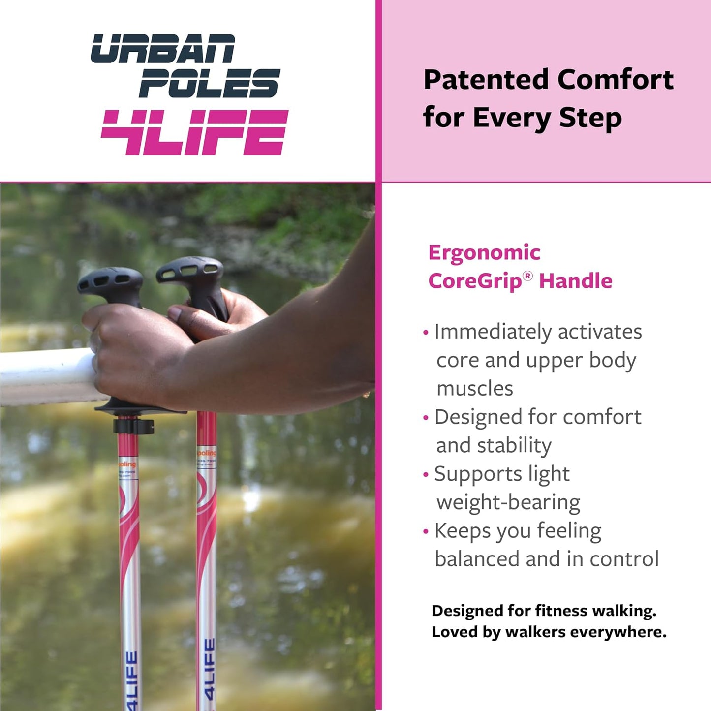 Urban Poling 4LIFE Urban Poles – 1 Pair – Fitness Edition – Patented Ergonomic CoreGrip™ for Stability – Adjustable, Collapsible, Lightweight for Comfort