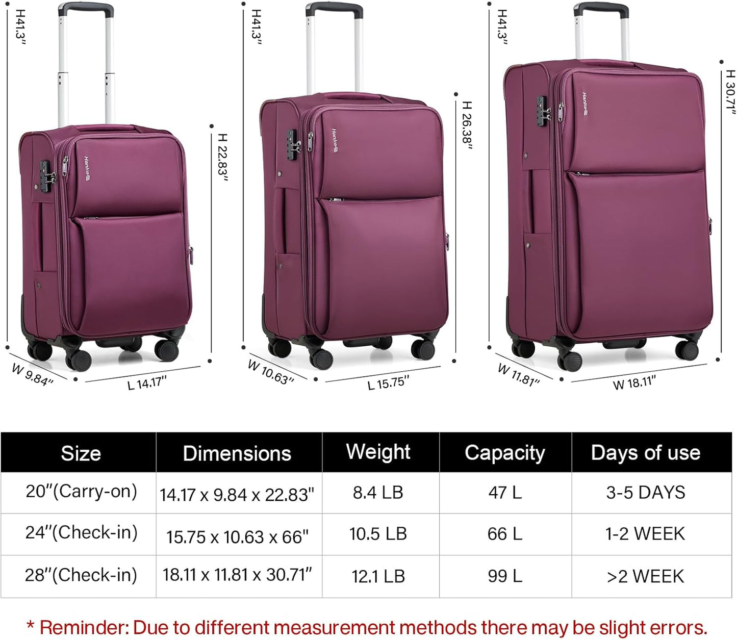 Hanke Softside Expandable 20 Inch Carry On Luggage with Wheels Airline Approved, TSA Luggage Lightweight Rolling Suitcases for Travel Carry On Bag(Purple)