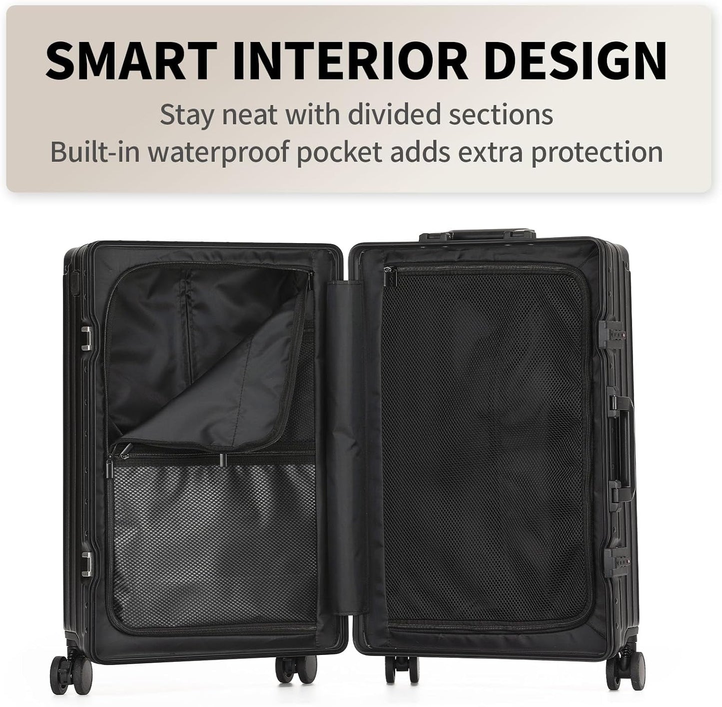 24 Inch Aluminum Frame Checked Travel Luggage with Spinner Wheels,Zipperless Hard Shell Suitcases with TSA Approved USB Port,Cup & Phone Holder for Women Men,Black