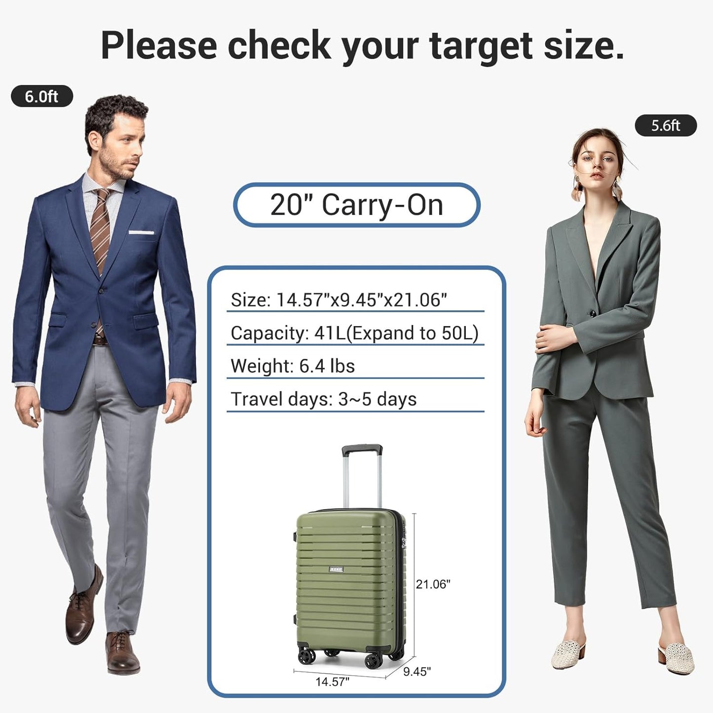 Kono 20 Inch Expandable Carry On Luggage with Spinner Wheels, Durable Hardside Luggage with Hidden Cup Holder, Lightweight Hard Shell Carry On Suitcase Airline Approved with TSA Lock(Green)