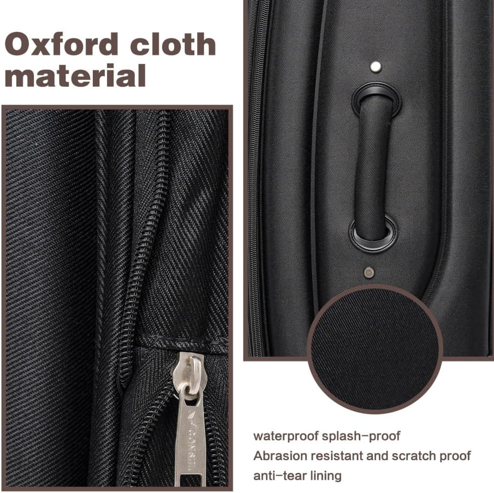 Lispin Luggage Set Softshell Expandable 4 Piece Suitcase with Wheels Softside Lightweight Travel Carry on Luggage (Black + Polyester)