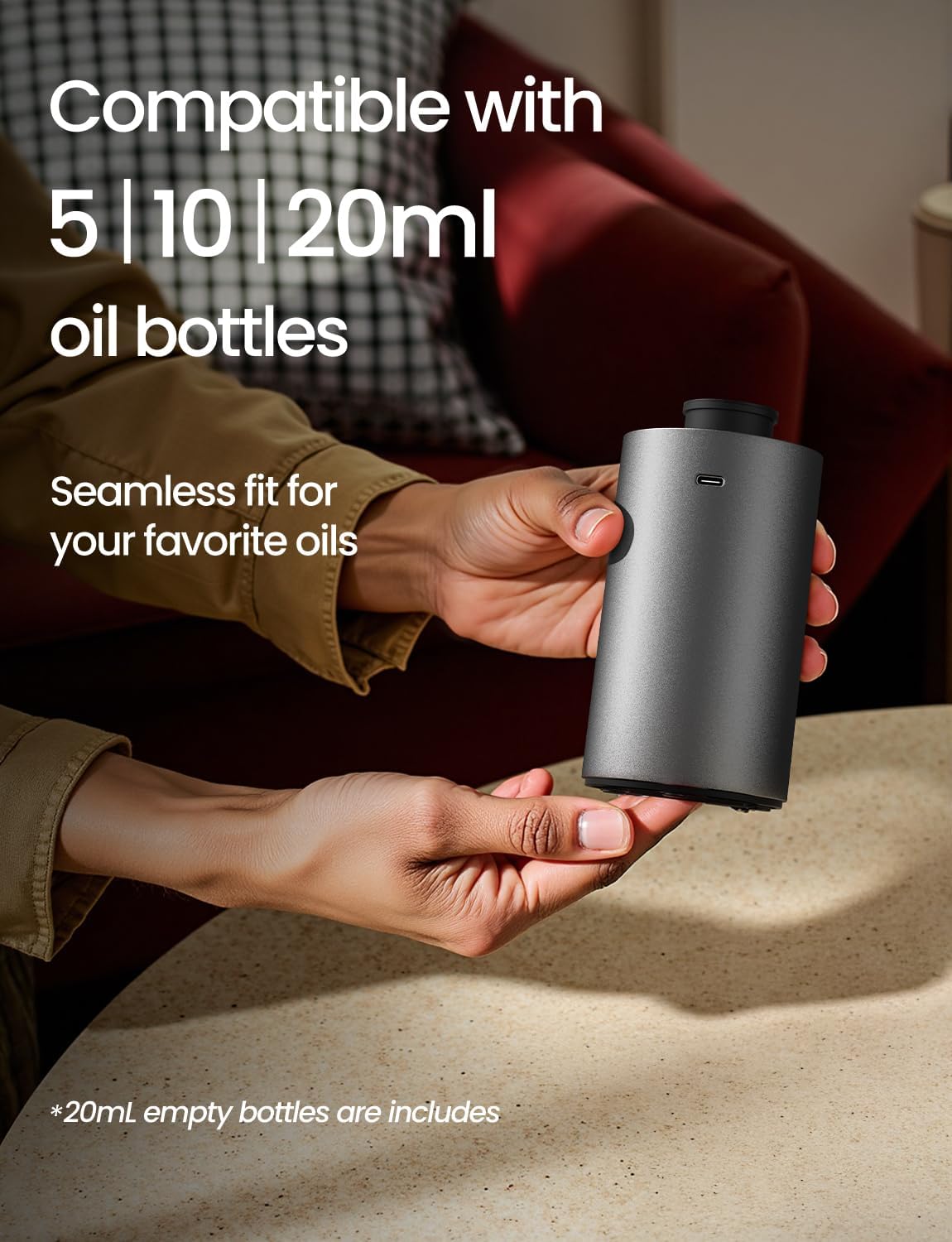 Waterless Essential Oil Diffuser, Rechargeable Scent Diffusers with 3 Mist Levels & Timers, Portable Aromatherapy Diffuser for Home Car Room Studio Office, Iron Grey Metal