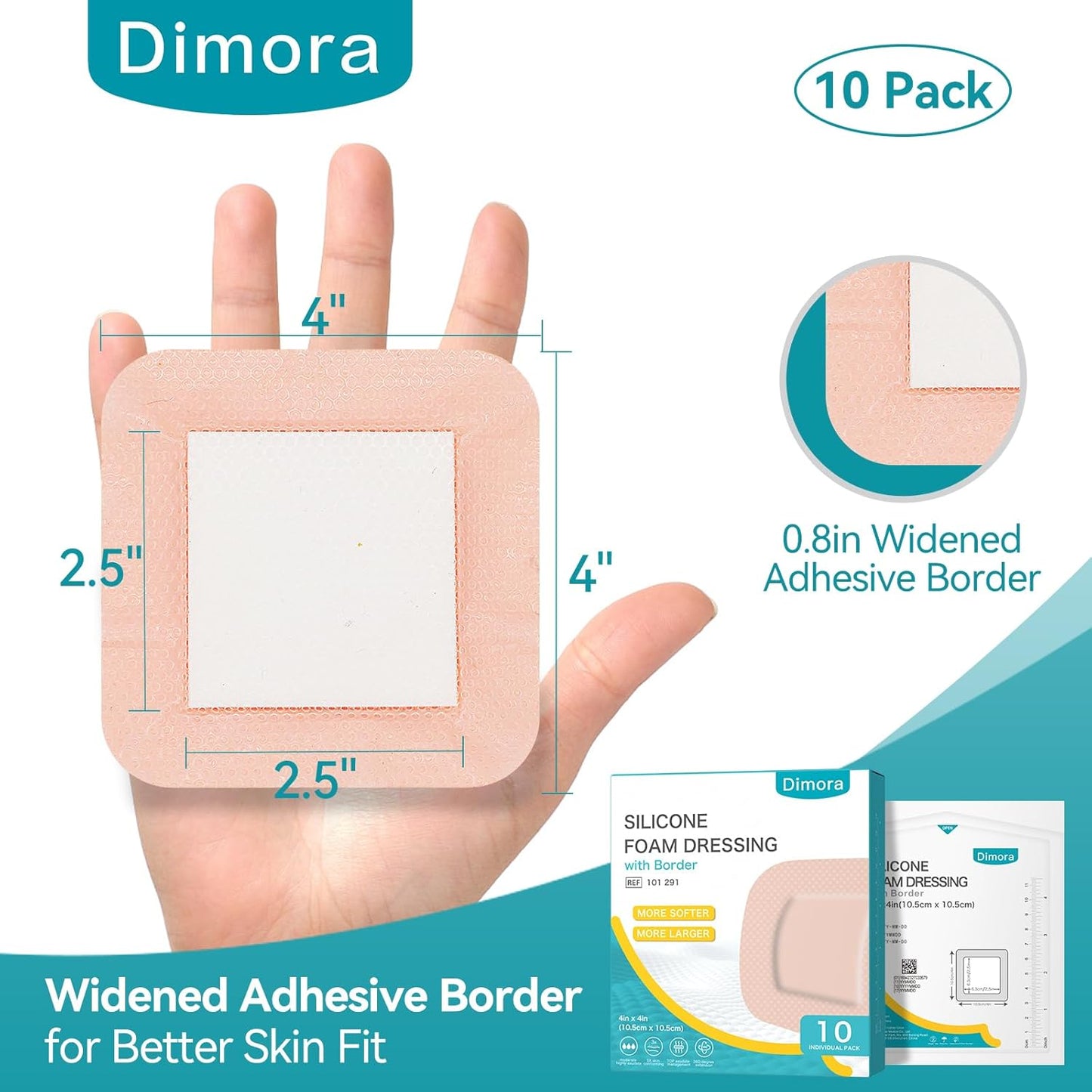 Dimora Ultra Soft Silicone Foam Dressing 4"x4" (10 Pack)- Super Absorbent Wound Dressing with Widened Border, Adhesive Foam Bandages for Bed Sores, Ulcer, Surgical Wound