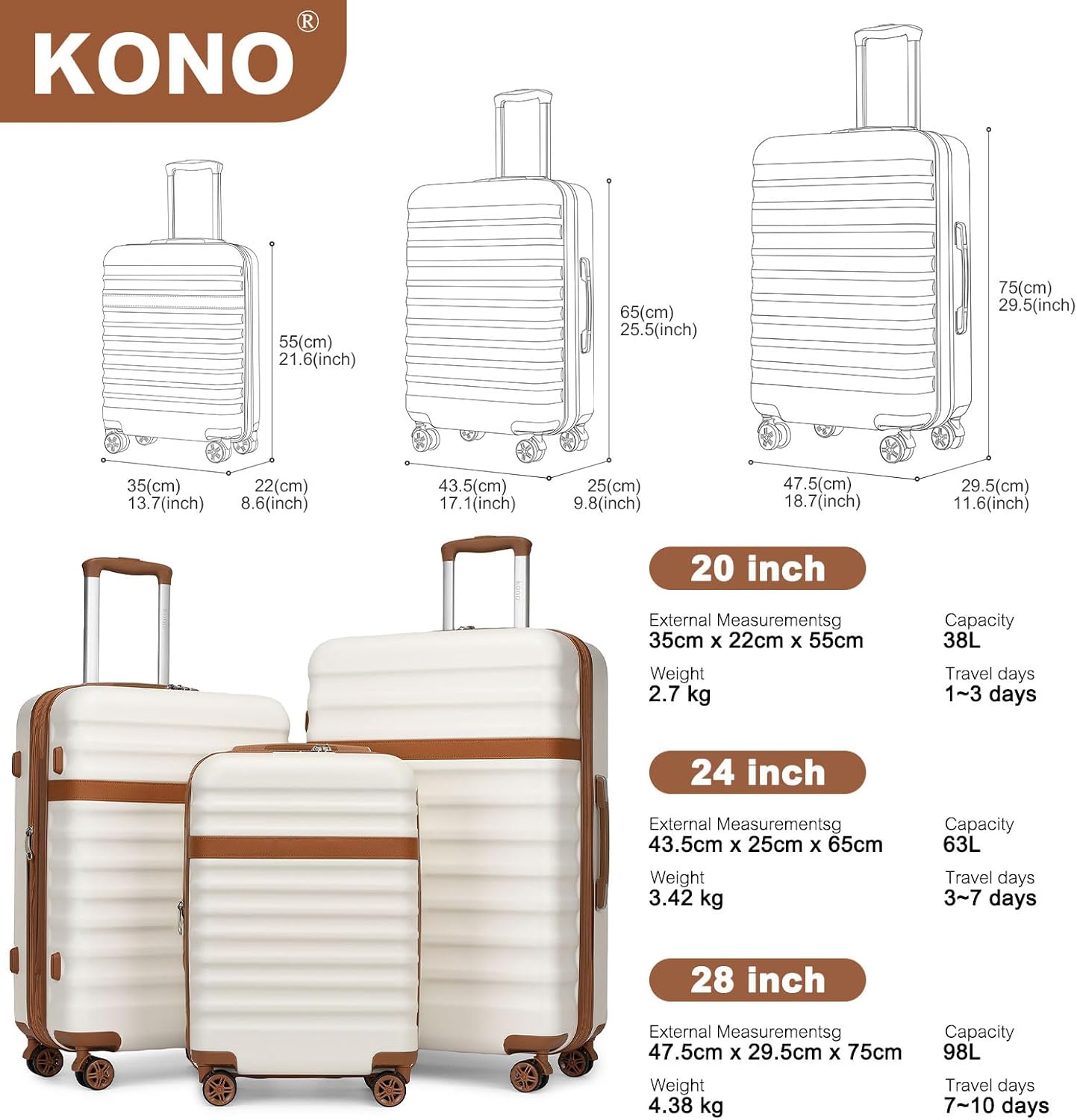 Kono Medium Sized Checked Luggage, 24 Inch Expandable with Spinner Wheels, TSA Lock, ABS + PC Lightweight Travel Suitcase with Larger Capacity and Lighter Weight, Cream Brown