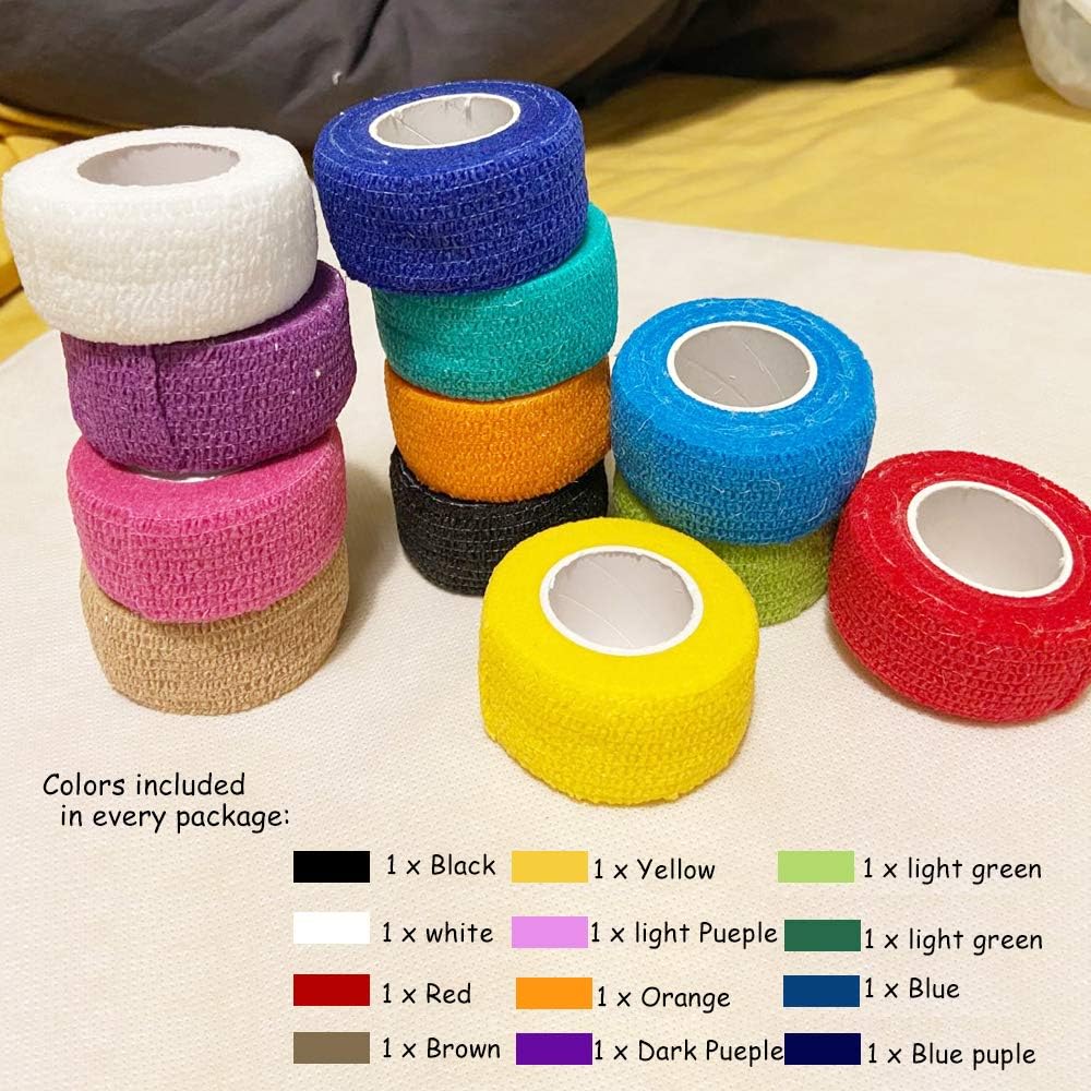 (12-Pack) 1” x 5 Yards | Self Adhesive Bandage Wrap, Kuvvfe Athletic Elastic Cohesive Bandage for Sports Injury,Strain,Knee & Wrist,Ankle Sprains & Swelling First Aid