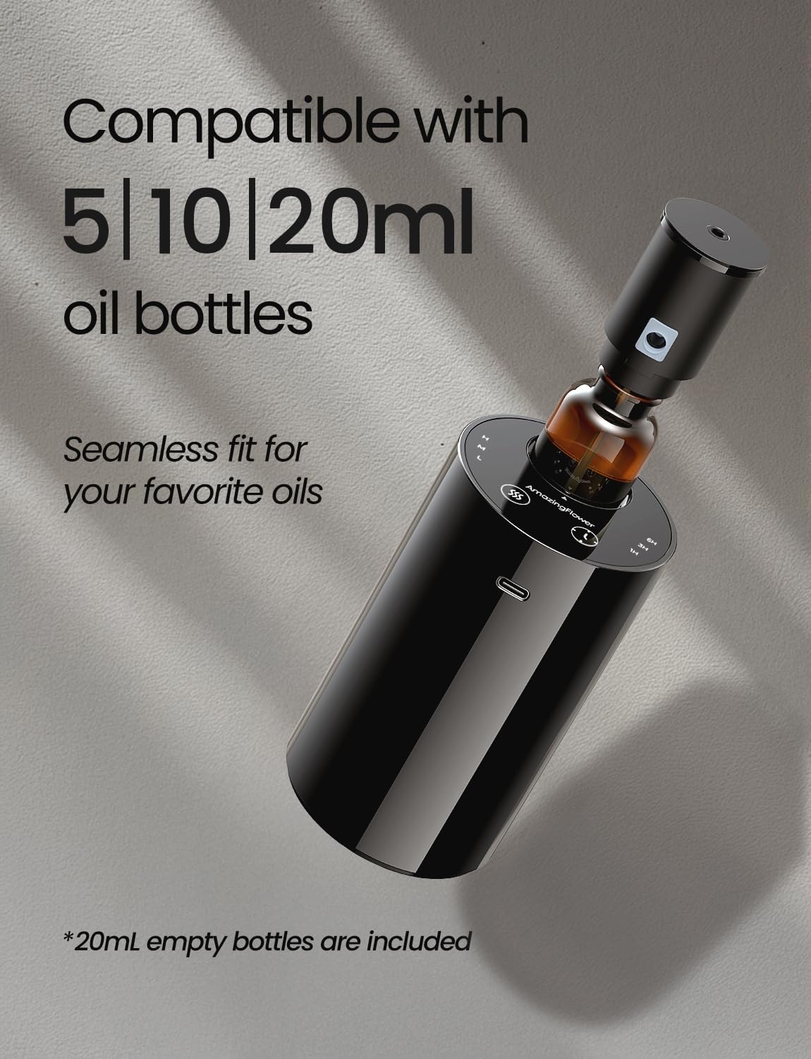 Waterless Essential Oil Diffuser, Portable Aromatherapy Diffuser with 20mL Capacity, Battery Operated Mini Scent Diffuser,3 Mist Levels & Timers, Leak-Free, for Home, Car, Office (Black)