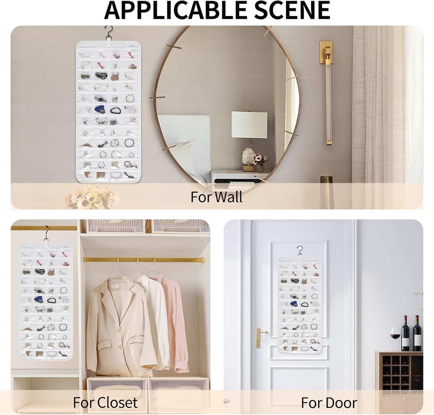 Bloss Hanging Jewelry Organizer, Double-Size jewelrys Storage with Hanger Hooks, Large Jewelrys Storage with 48 Pocket, Earring,Necklace Holder,Womens Jewelry Holder,White