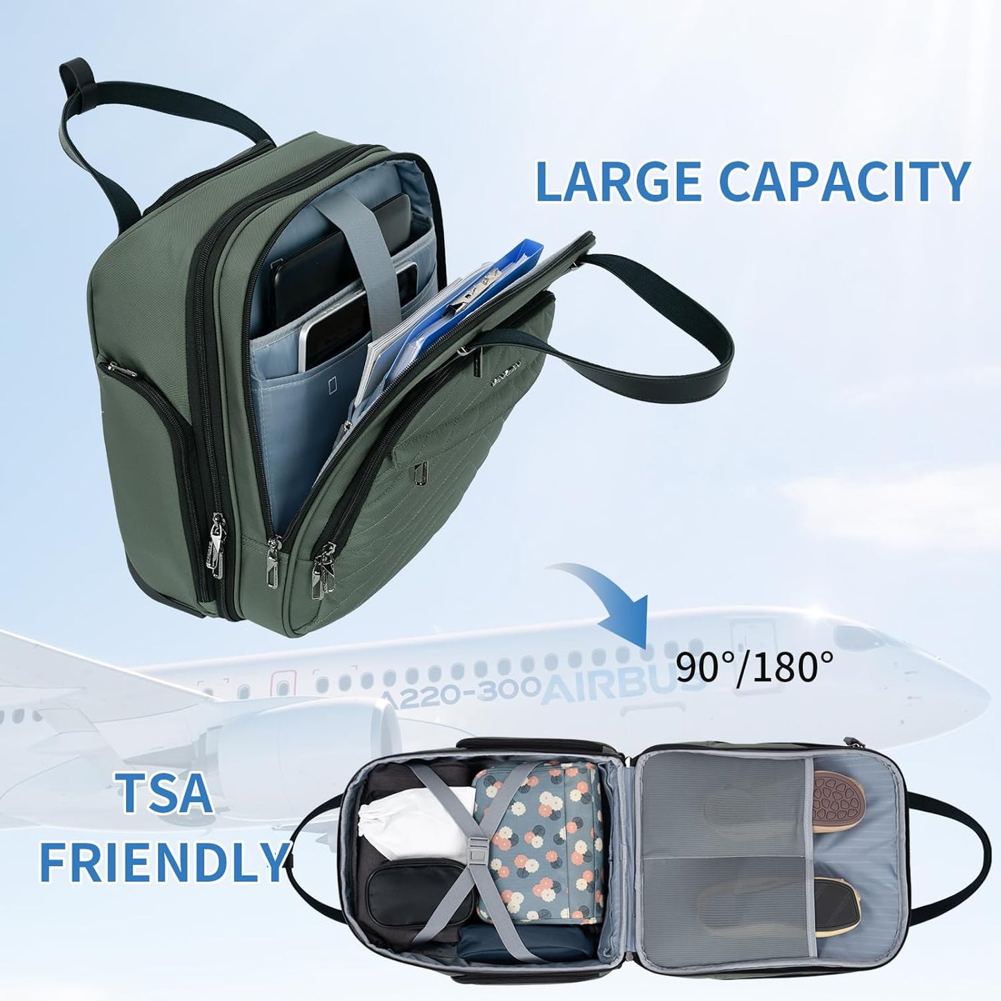 VANKEAN Carry On Underseat 16-inch Multi-functional Underseater Lightweight Overnight Suitcase with Wheels, Roller Case for Men Women Travel Business, Army Green