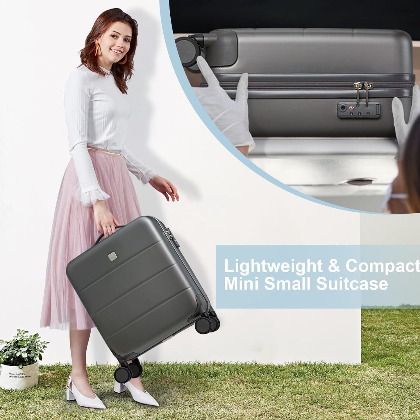 Hanke 16 Inch Underseat Carry On Luggage Hard Shell Suitcases with Wheels Mini Small Carry On Bag for Airline Approved TSA Luggage Lightweight Travel Suitcase(Graphite Grey)