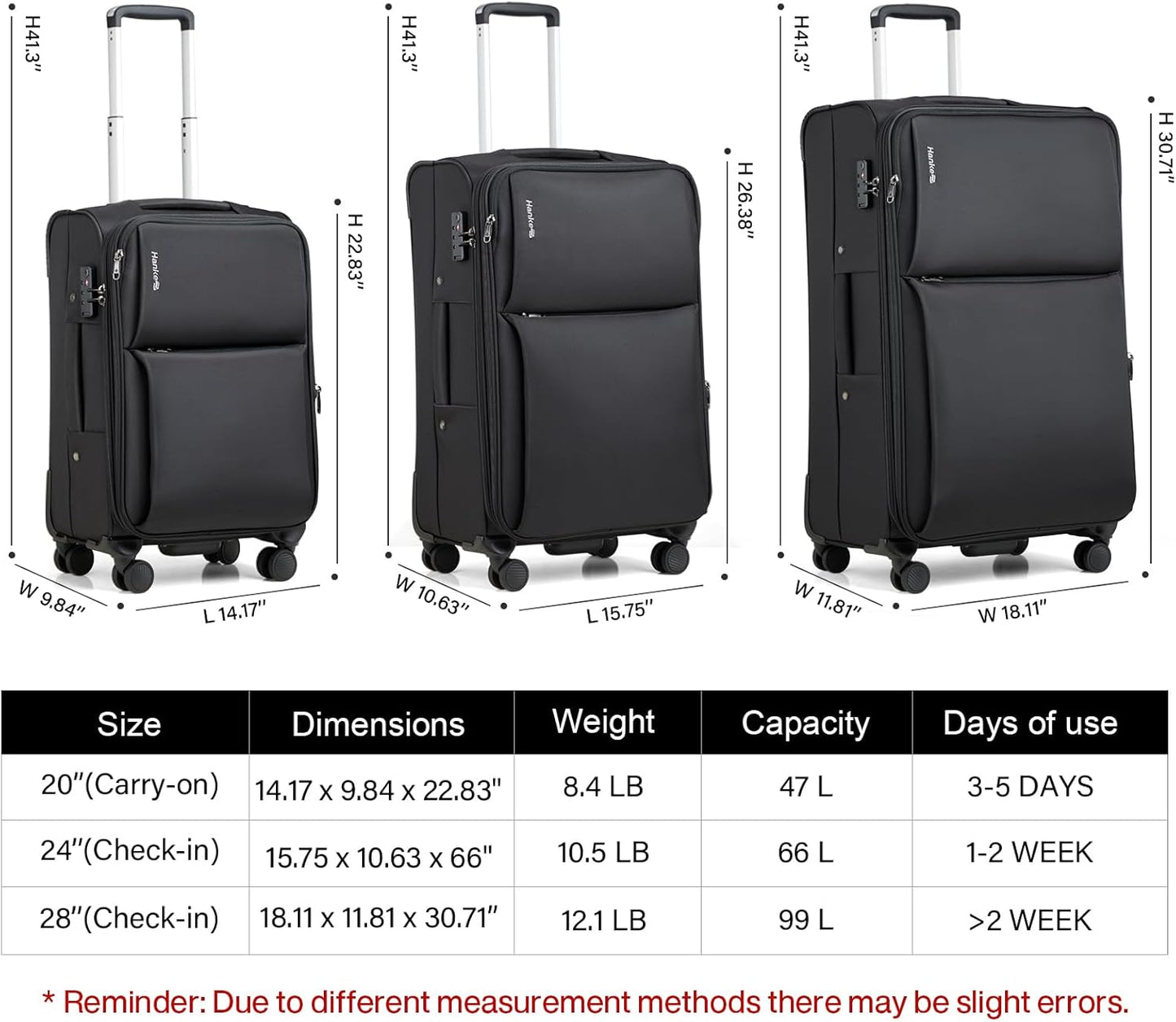 Hanke 3 Piece Luggage Sets Softside Expandable Carry On Luggage Set Travel Suitcase Sets with Spinner Wheels TSA Approved Luggage(Black, 20in/24in/28in)