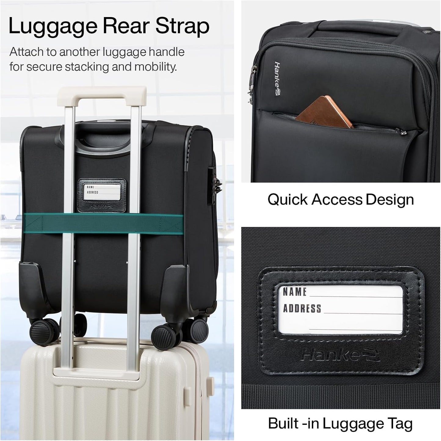 Hanke Underseat Carry On Luggage with Wheels, Spinner Small Suitcase, 16-Inch Rolling Under Seat Luggage, Softside Lightweight Carry On Bag for Airplane TSA Travel Personal Item, Black