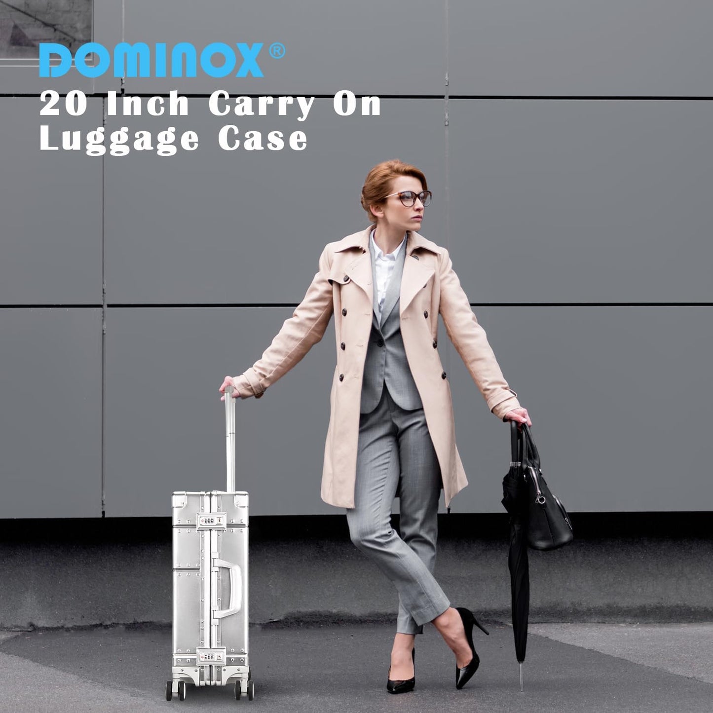 DOMINOX All Aluminum Carry On Luggage Hard Shell Luggage Aluminum Suitcase for Travel Zipperless Luggage Checked Luggage with Silent 360° Spinner Wheels 20 In. (Industry Style, Sliver)