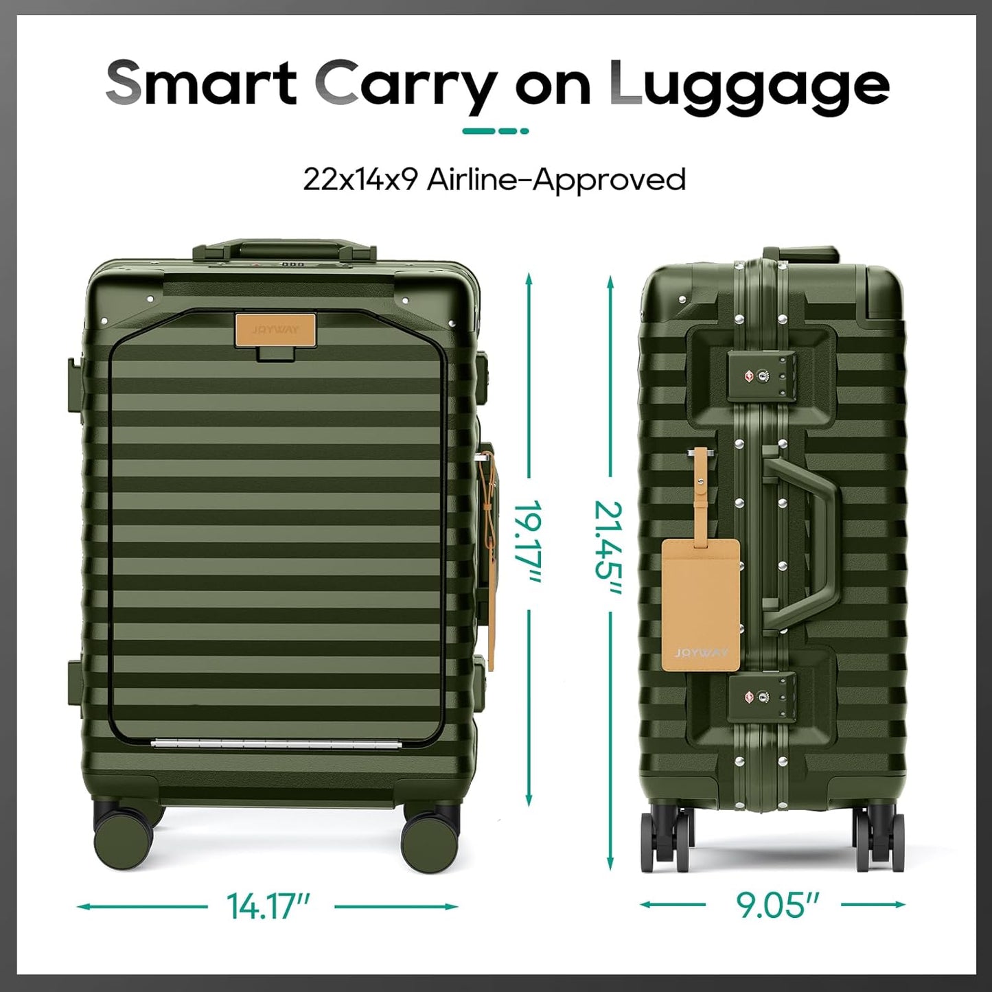 Joyway 20 Inch Carry on Luggage with Aluminium Frame and Front Pocket, PC Hardshell Suitcase with USB Port and Cup Holder, 21.5x14.2x9 Airline Approved Luggage with Spinner Wheel, TSA Lock(Dark Green)
