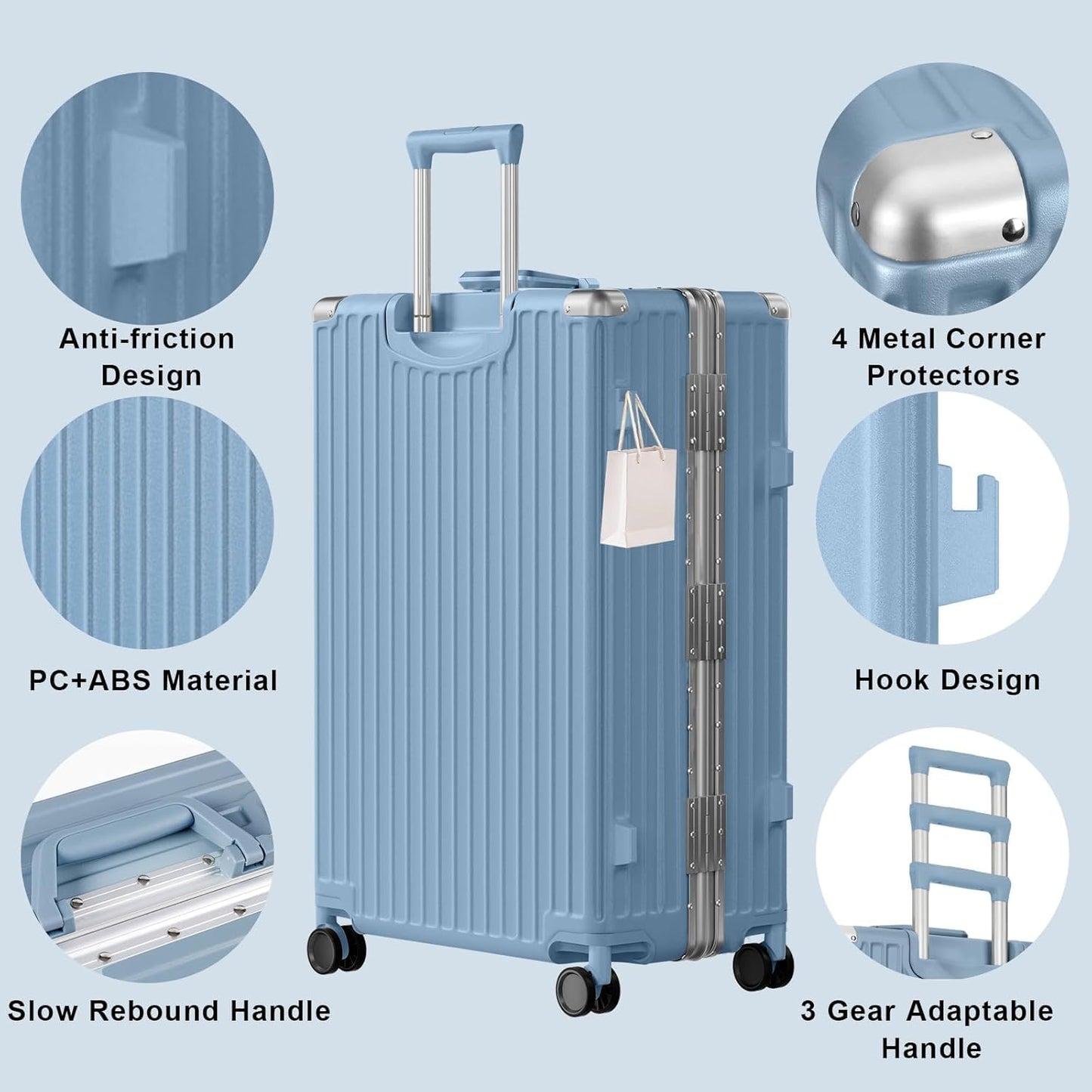 AnyZip Luggage PC+ABS Aluminum Frame Zipperless Checked Luggage Hard Shell Suitcase with TSA Lock Double Spinner Wheels 28 Inch Haze Blue