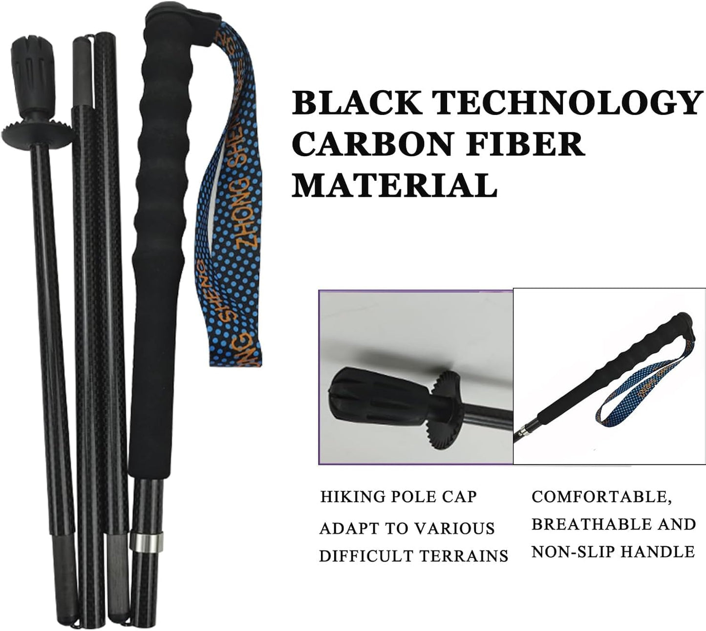 Carbon Fiber Trekking Poles 2-Pack - Ultra Lightweight 10oz, Collapsible 3-Piece Folding Design with Anti-Shock, Moisture-Wicking Cork Grips for Hiking, Mountaineering
