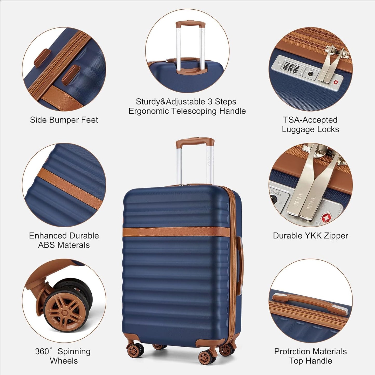 Kono Airline Approved Carry On Luggage 22x14x9 inches, with TSA Lock, 20 Inch Expandable Lightweight Hardshell Suitcase (Navy, Suitable for 1-3 Days of Travel)