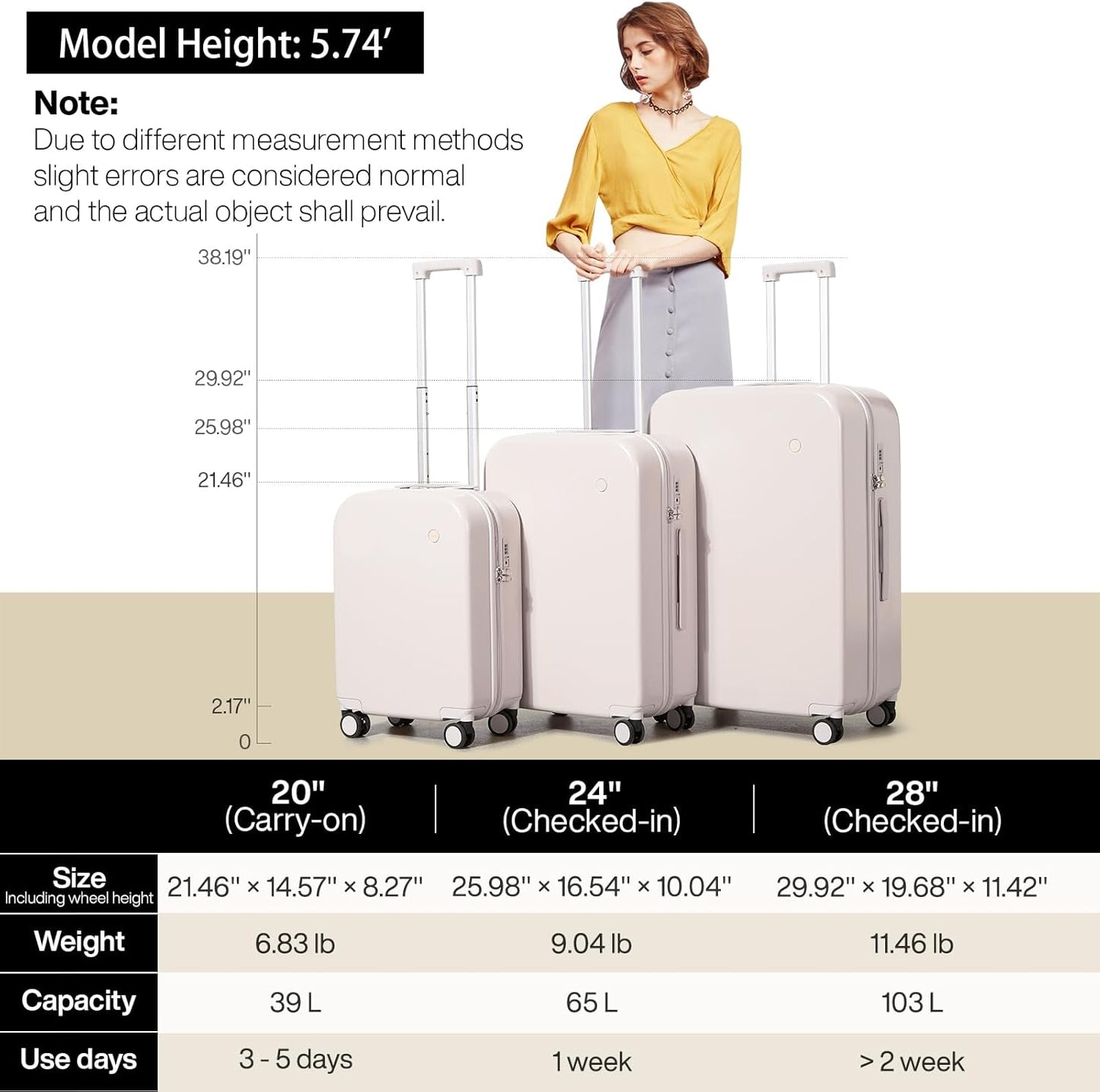 mixi Luggage Suitcase with Spinner Wheels, Hardside Rolling Suitcase PC with Cover & TSA Lock Lightweight Travel Case 24in Checked in, Off White(Slight Pink)