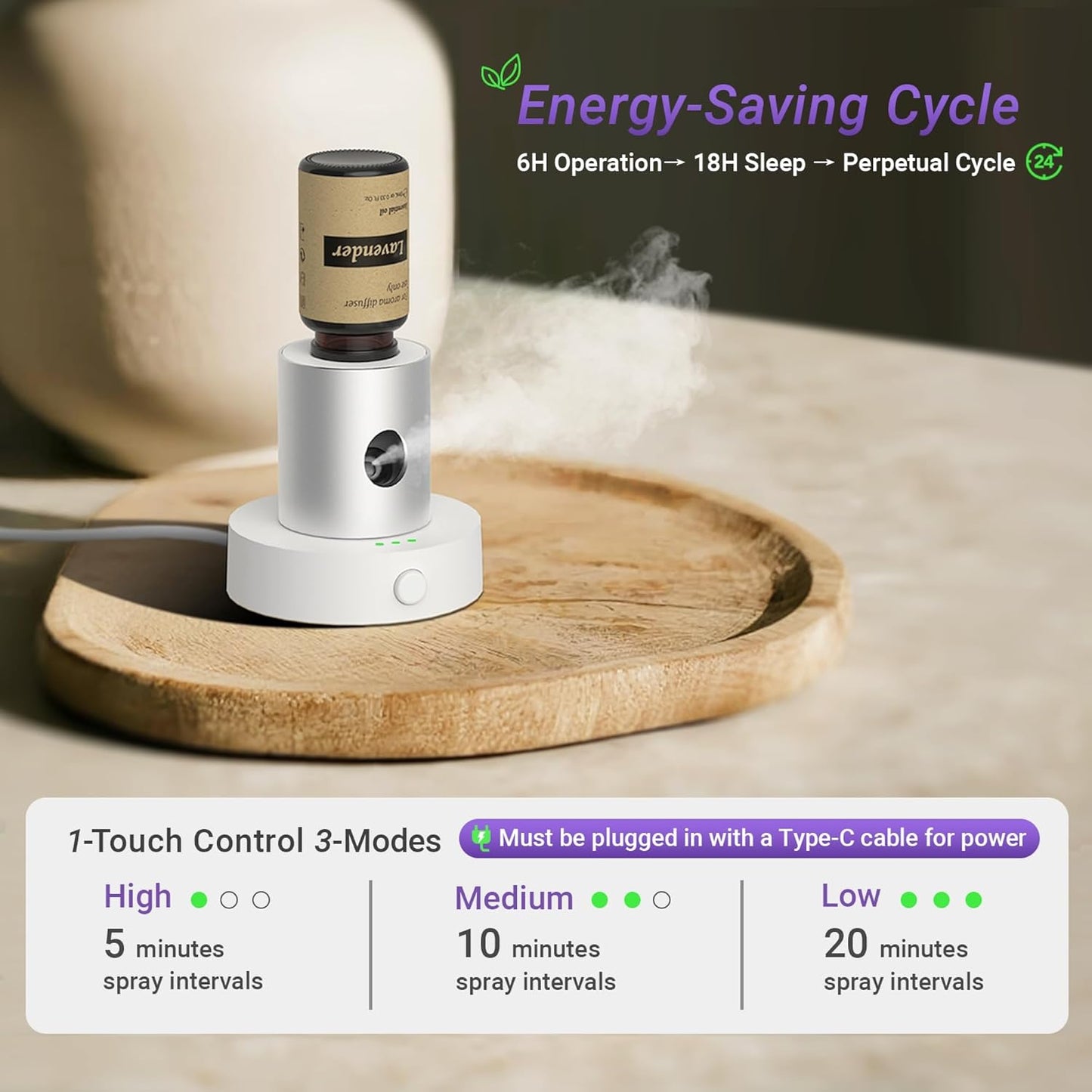 Mini Waterless Nebulizing Essential Oil Diffuser with 10ml Lavender Oil for Aromatherapy, Small Portable with Air Mist and Scent for Home, Room, Hotel, Desk, Office, Travel - Silvery