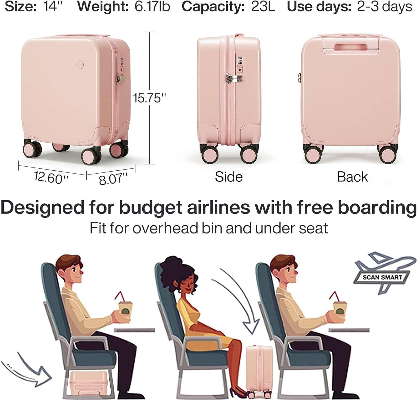 mixi 14 Inch Underseat Luggage Carry on Suitcase Free Boarding Personal Item Suitcases with Spinner Wheels Hardshell Lightweight PC for Short Travel, Pink