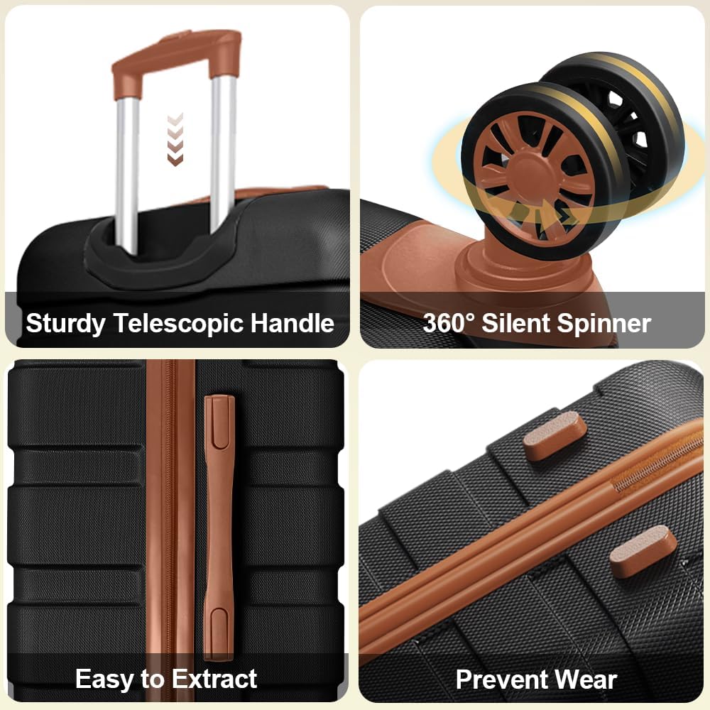 AnyZip Luggage Set 5 Piece PC ABS Hardshell Lightweight Suitcases for Travelling with 4 Universal Wheels TSA Lock Carry on Suitcase Black Brown