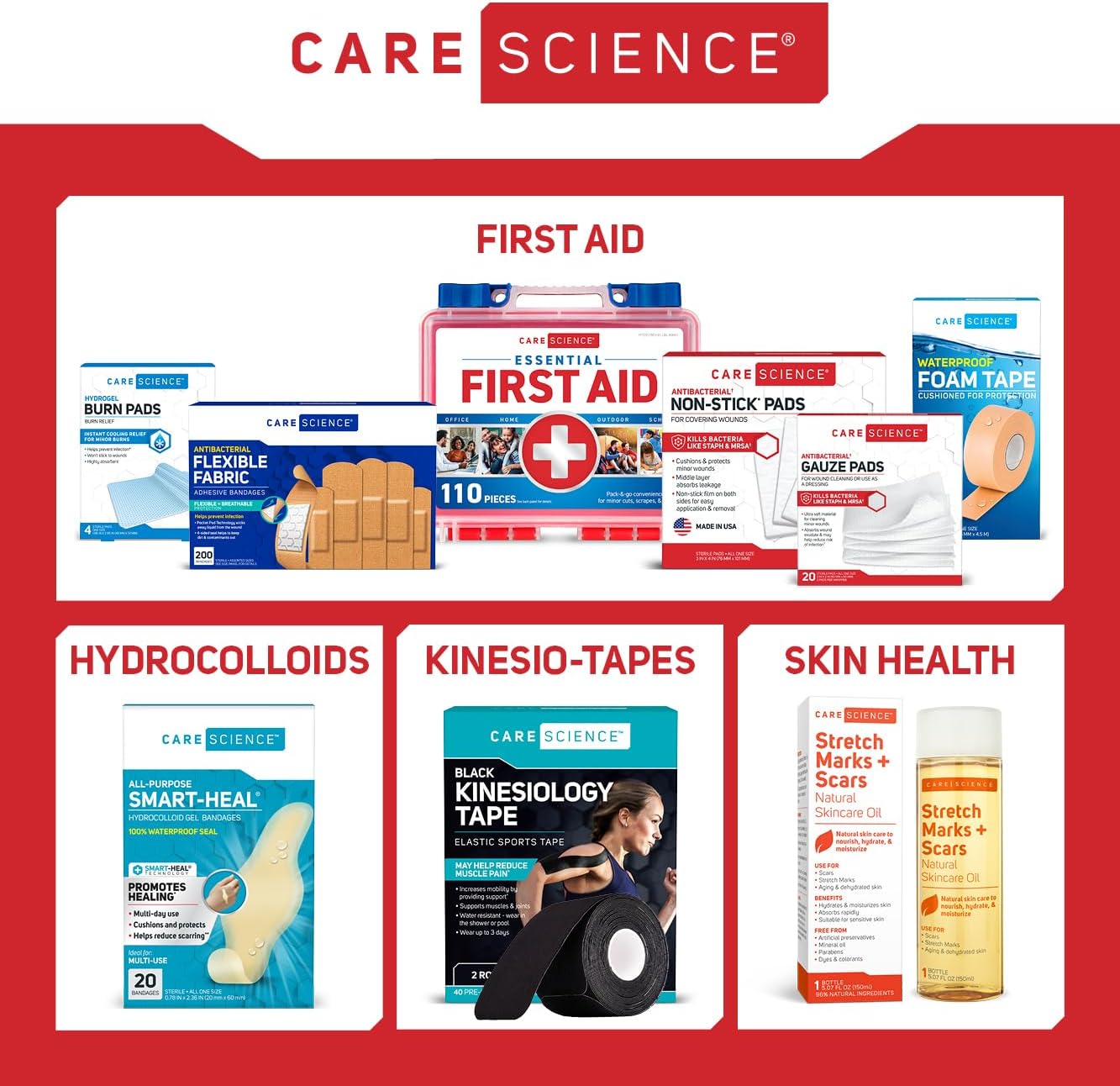 Care Science First Aid Kit, 110 Pieces | Professional Use for Travel, Work, School, Home, Car, Emergency, Survival, Camping, Hiking, and More